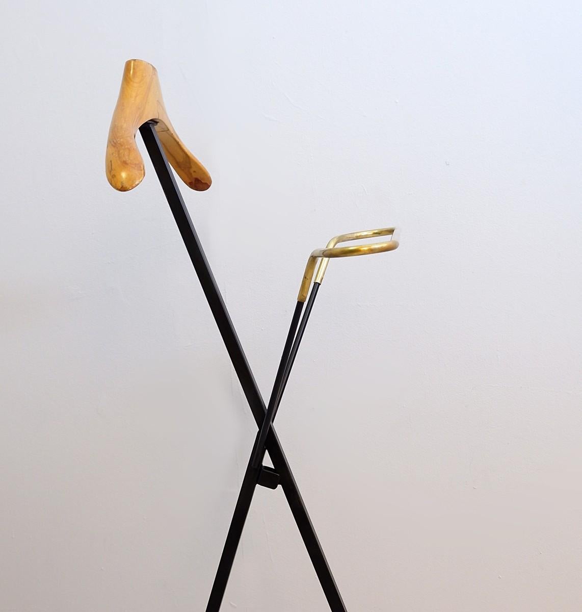 Italian black metal, wood and brass folding valet stand, 1950s.