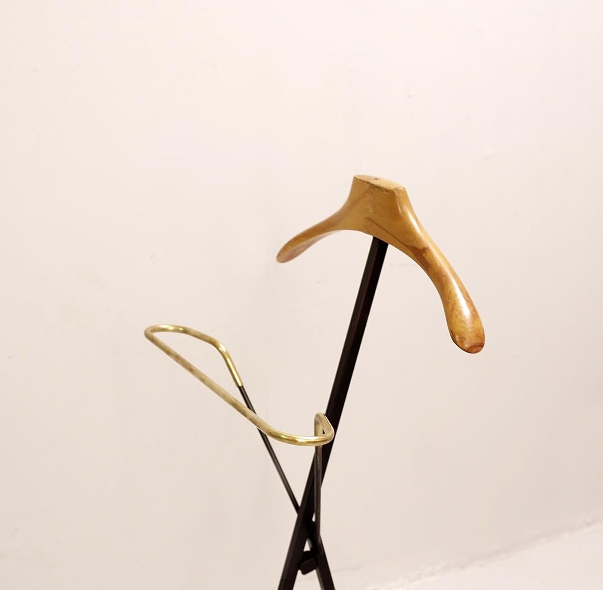 Mid-Century Modern Italian Black Metal, Wood and Brass Folding Valet Stand, 1950s For Sale