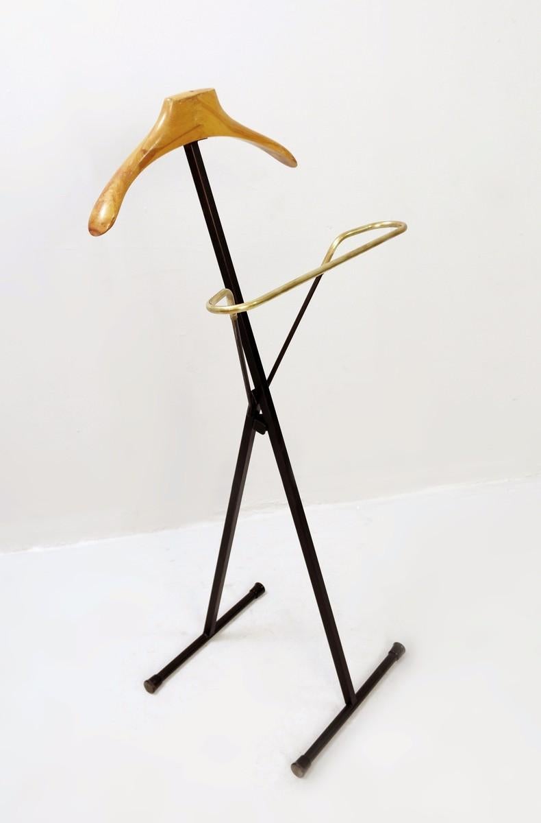 European Italian Black Metal, Wood and Brass Folding Valet Stand, 1950s For Sale