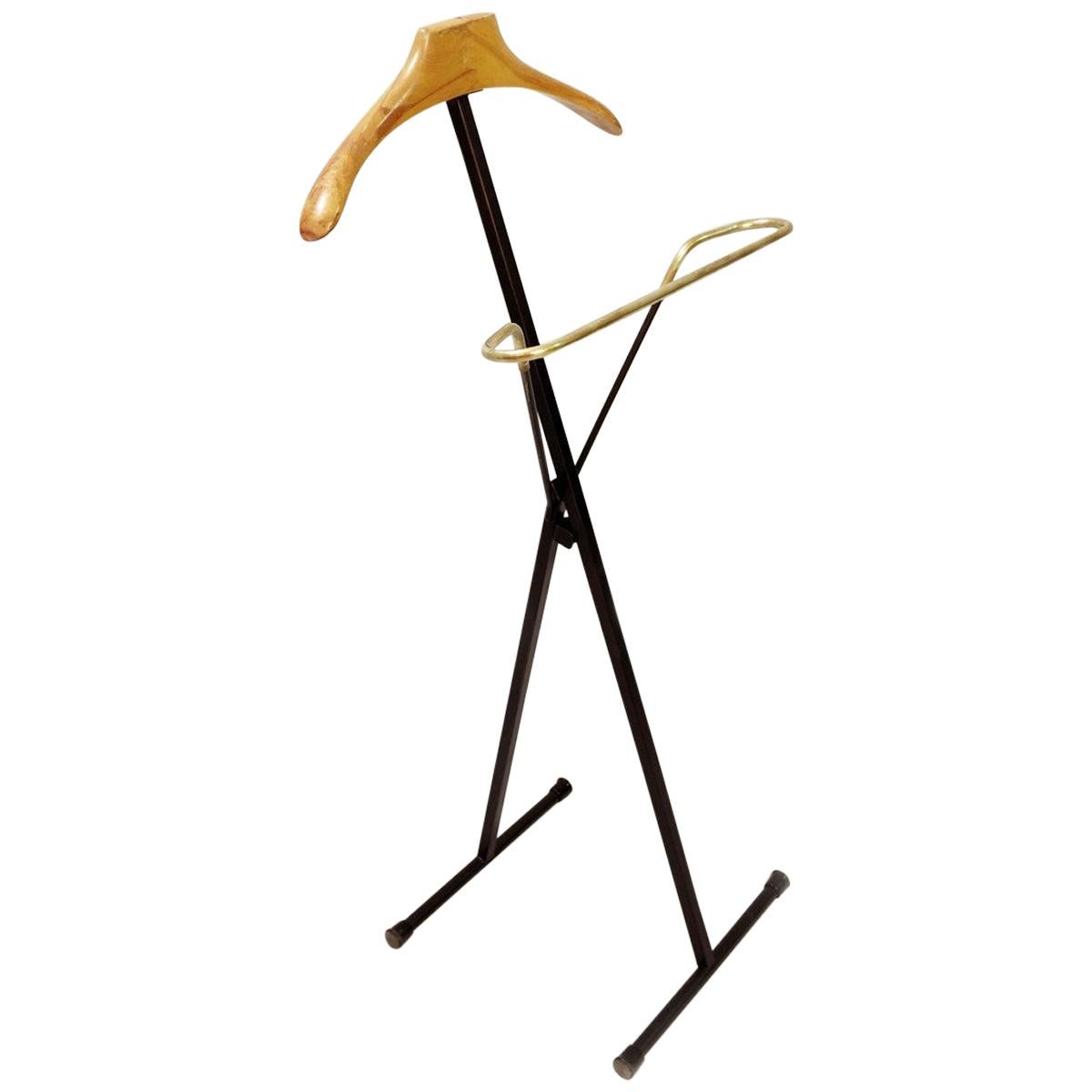 Italian Black Metal, Wood and Brass Folding Valet Stand, 1950s For Sale