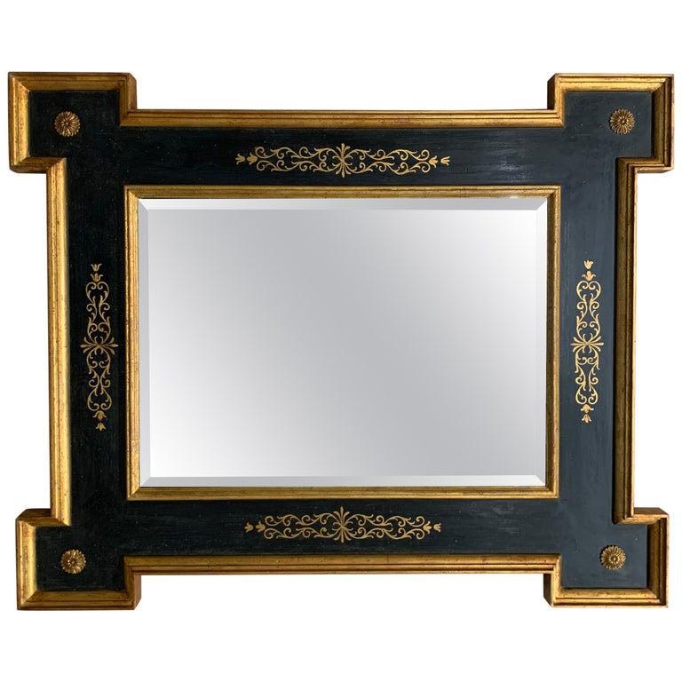 Baroque Revival Italian Mirror-Hand Painted Black with Extended Corners and Gilt Borders