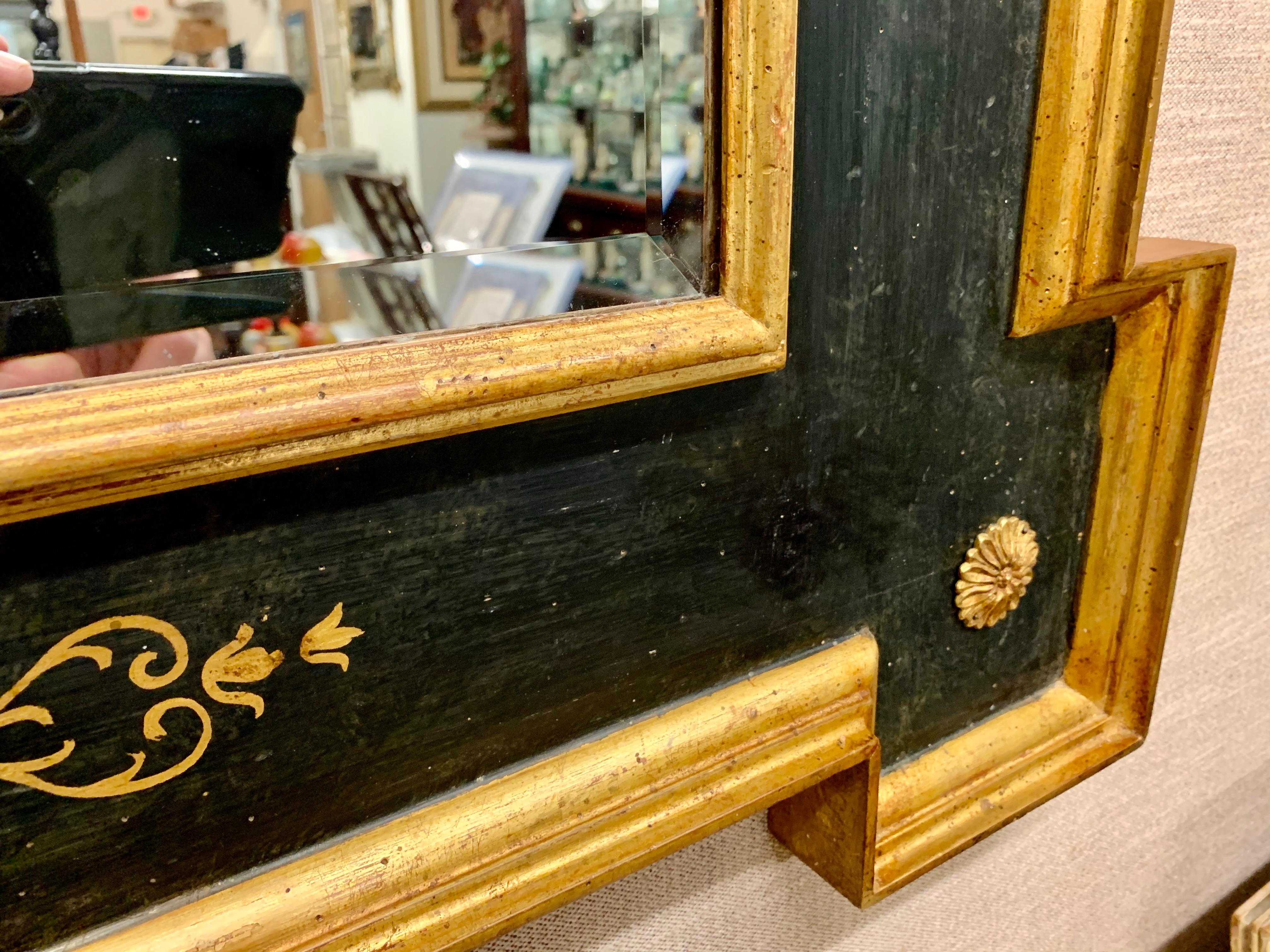 Beveled Italian Mirror-Hand Painted Black with Extended Corners and Gilt Borders