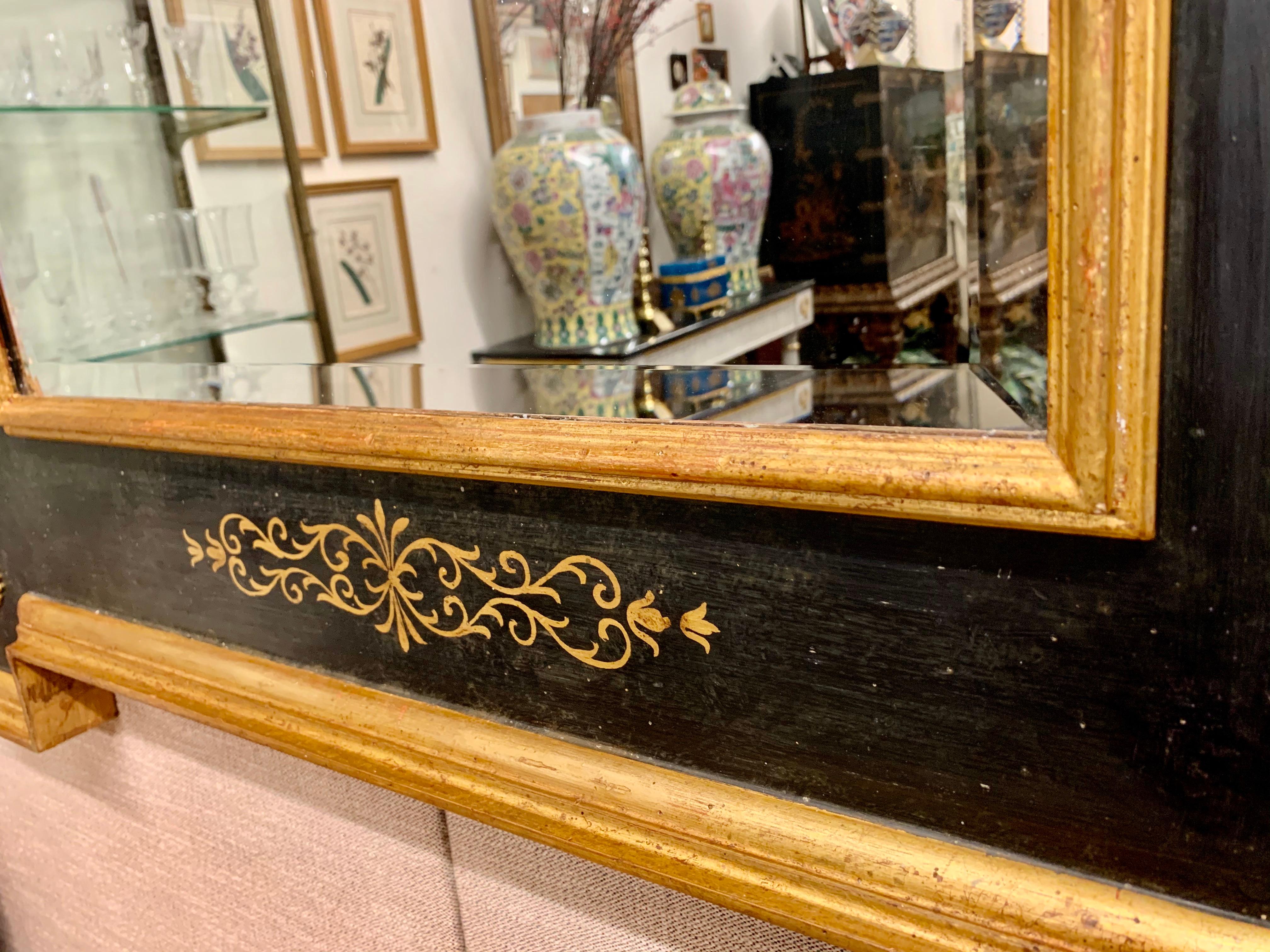 Italian Mirror-Hand Painted Black with Extended Corners and Gilt Borders In Good Condition In West Palm Beach, FL