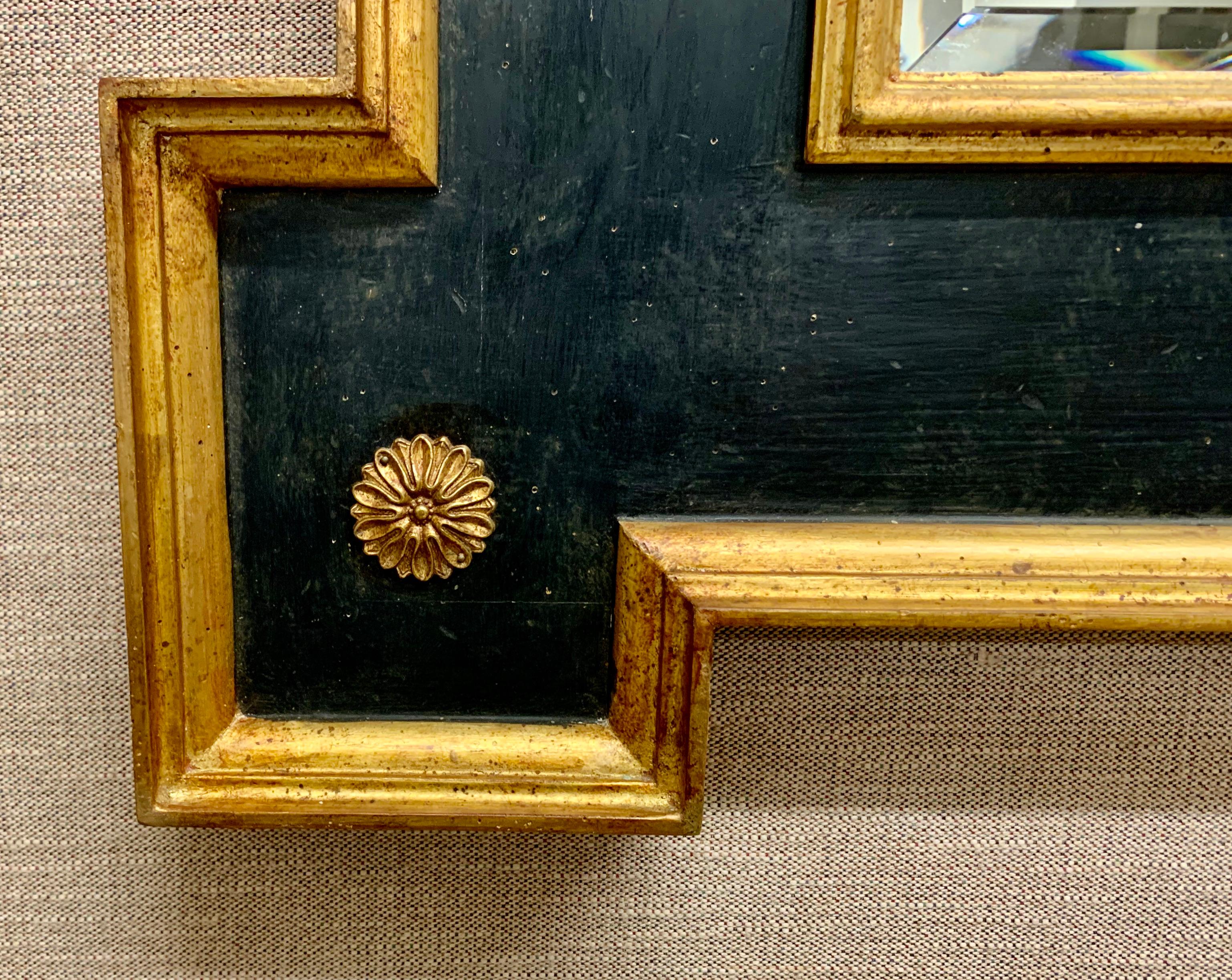 20th Century Italian Mirror-Hand Painted Black with Extended Corners and Gilt Borders
