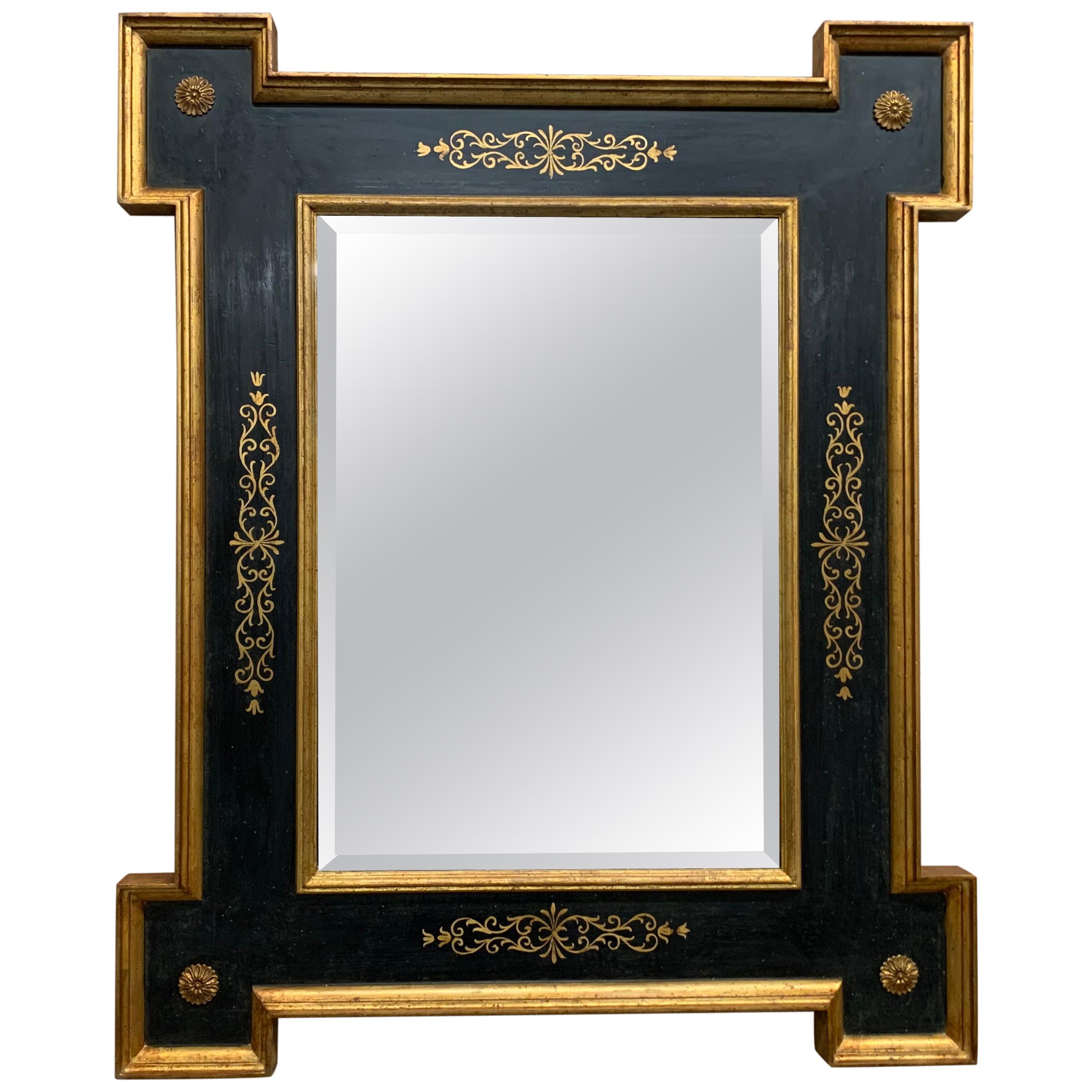 Italian Mirror-Hand Painted Black with Extended Corners and Gilt Borders