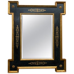 Vintage Italian Mirror-Hand Painted Black with Extended Corners and Gilt Borders