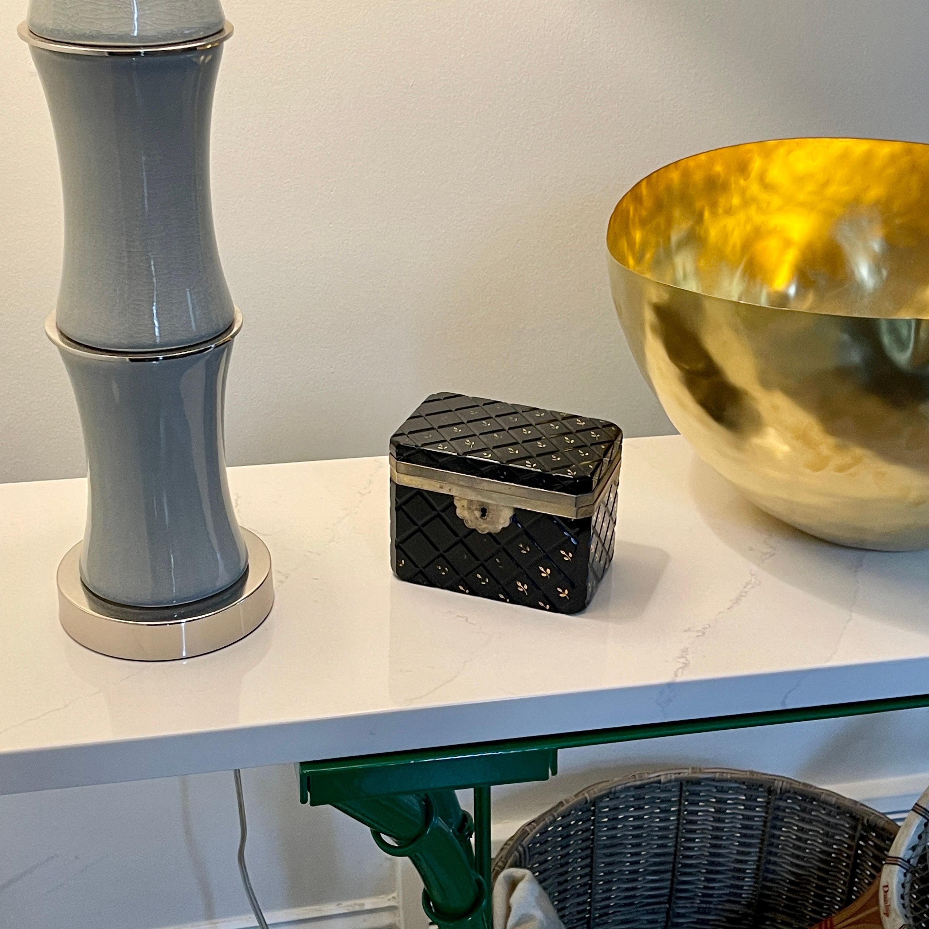 Italian Black Opaline Glass and Brass Jewelry Box In Fair Condition For Sale In Haddonfield, NJ