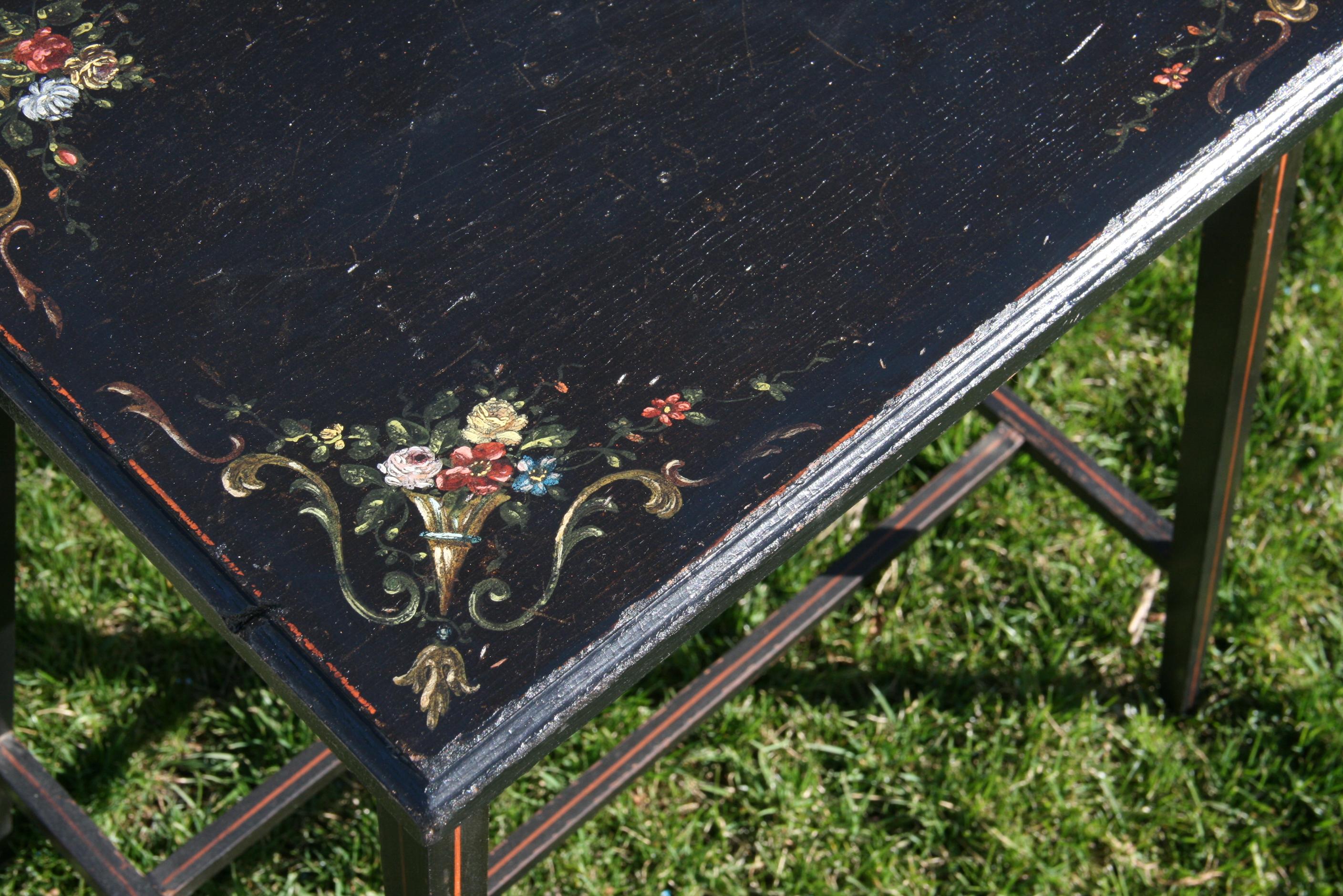 Hardwood Italian Black Lift Top  Table with Hand Painted Floral Details For Sale