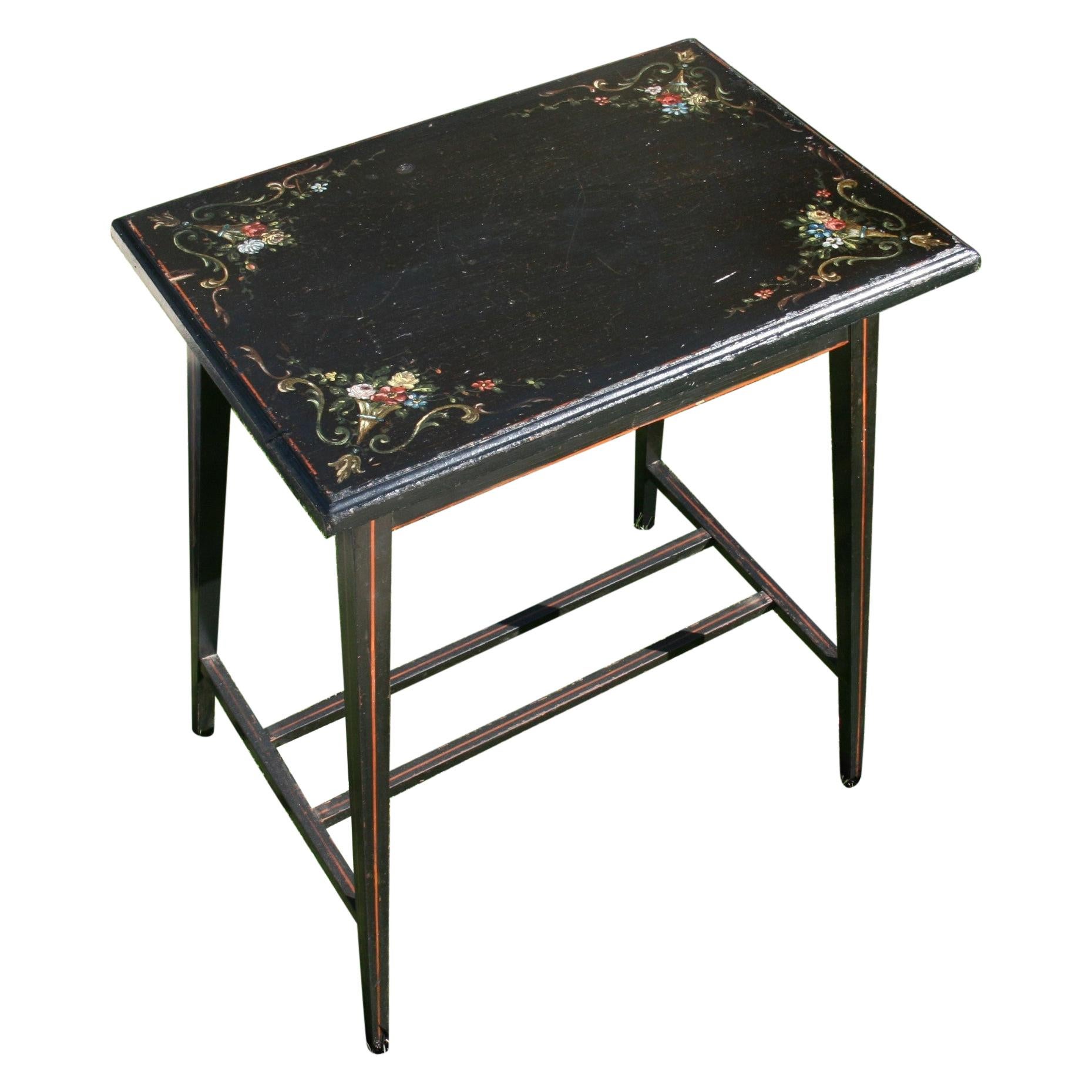 Italian Black Lift Top  Table with Hand Painted Floral Details For Sale