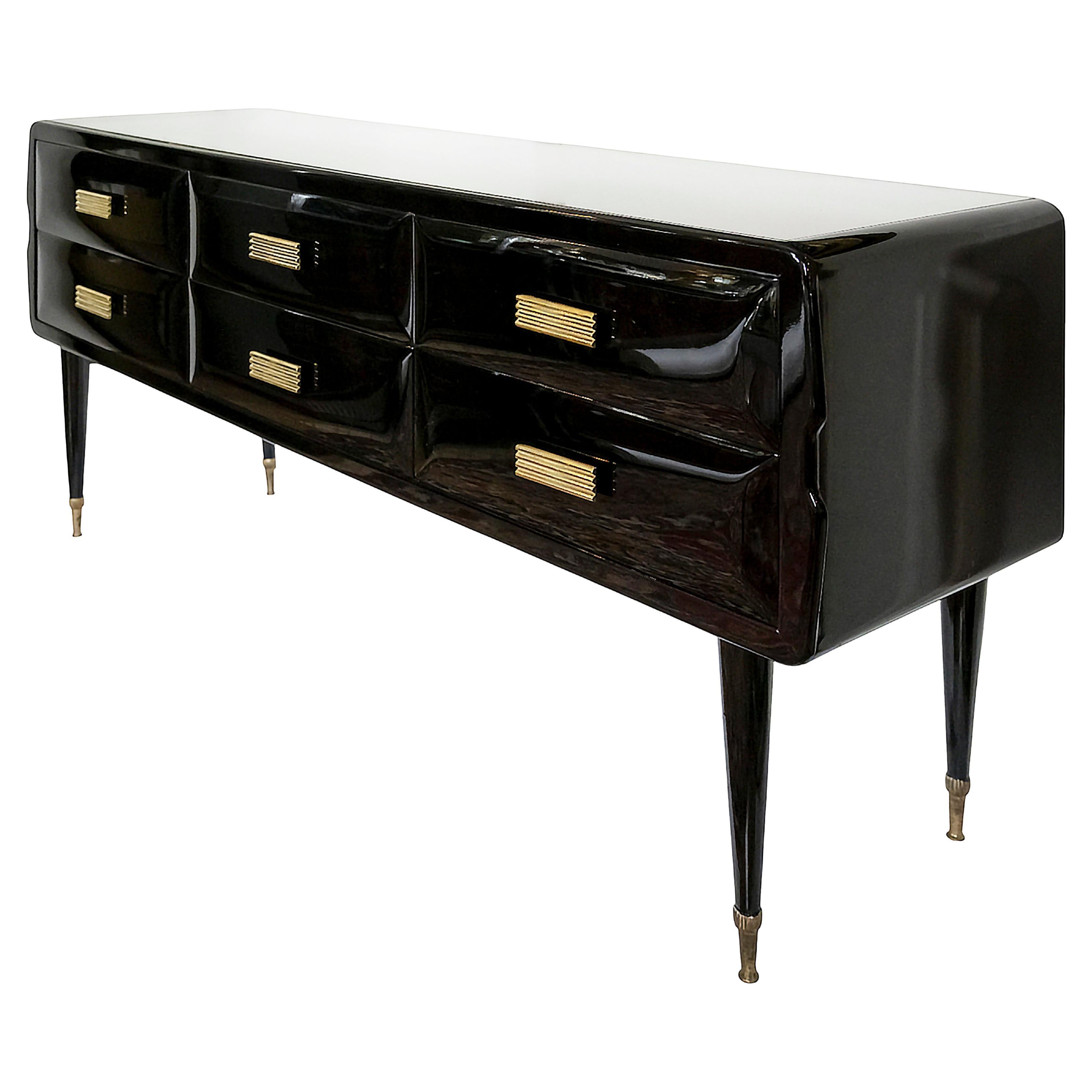 Italian Black Varnished Sideboard/Chest of Drawers, Vittorio Dassi Style, 1950
s