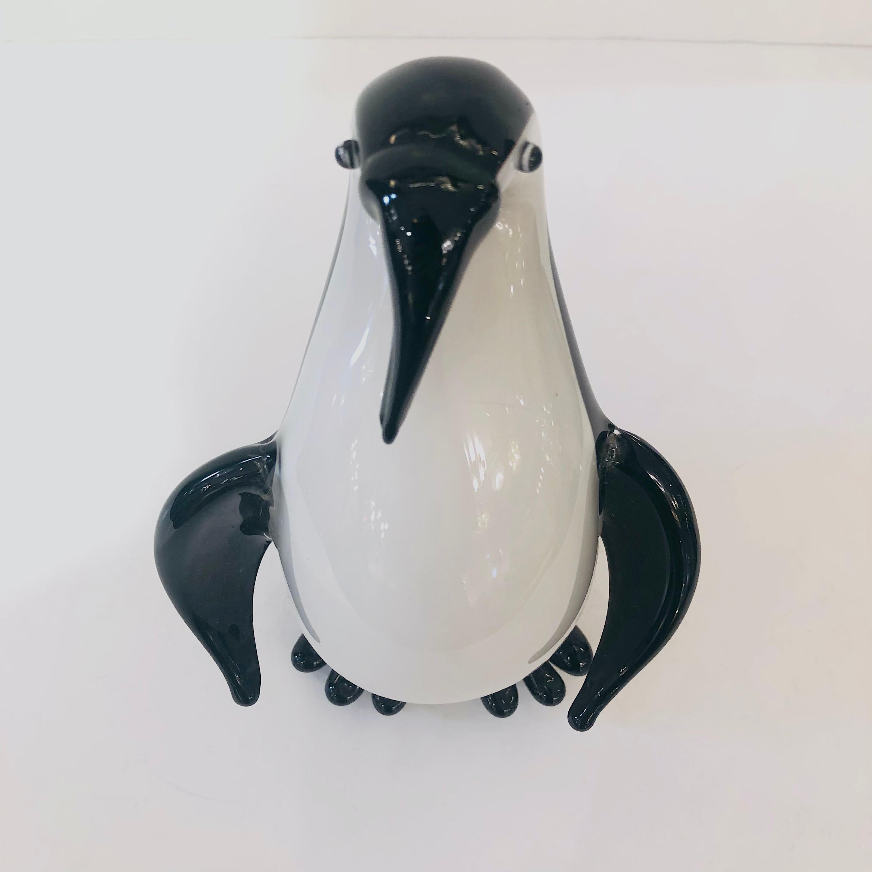 Blown Glass Italian Black & White Blown Solid Murano Glass Modern Penguin Sculpture For Sale