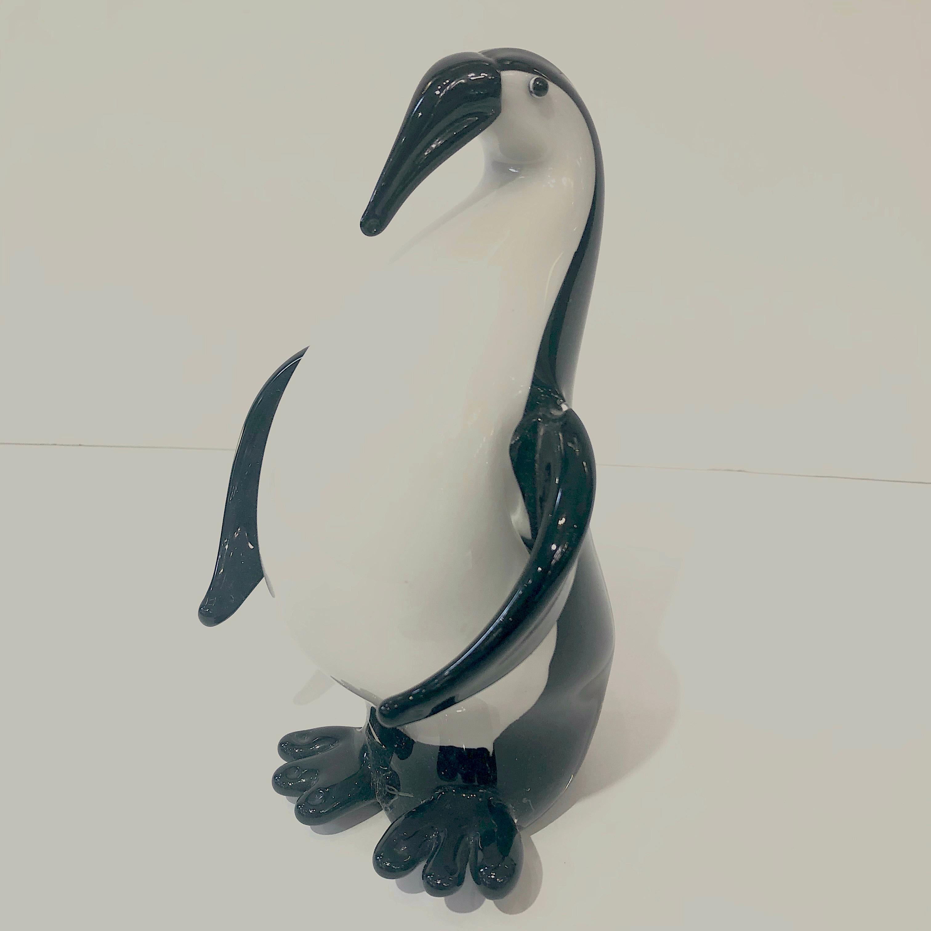 Italian Black & White Blown Solid Murano Glass Modern Penguin Sculpture For Sale 1