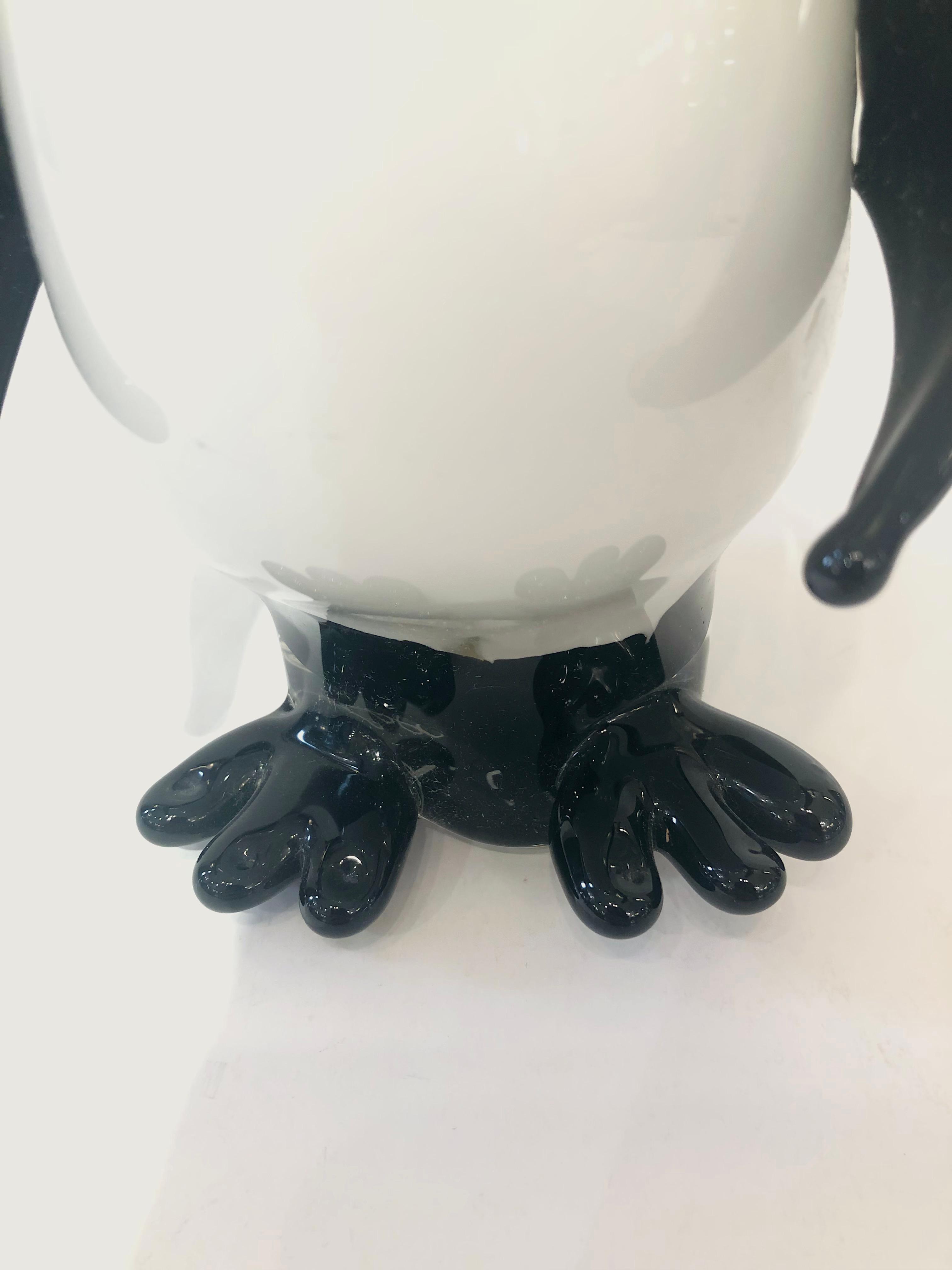 Organic Modern Italian Black & White Blown Solid Murano Glass Modern Penguin Sculpture For Sale