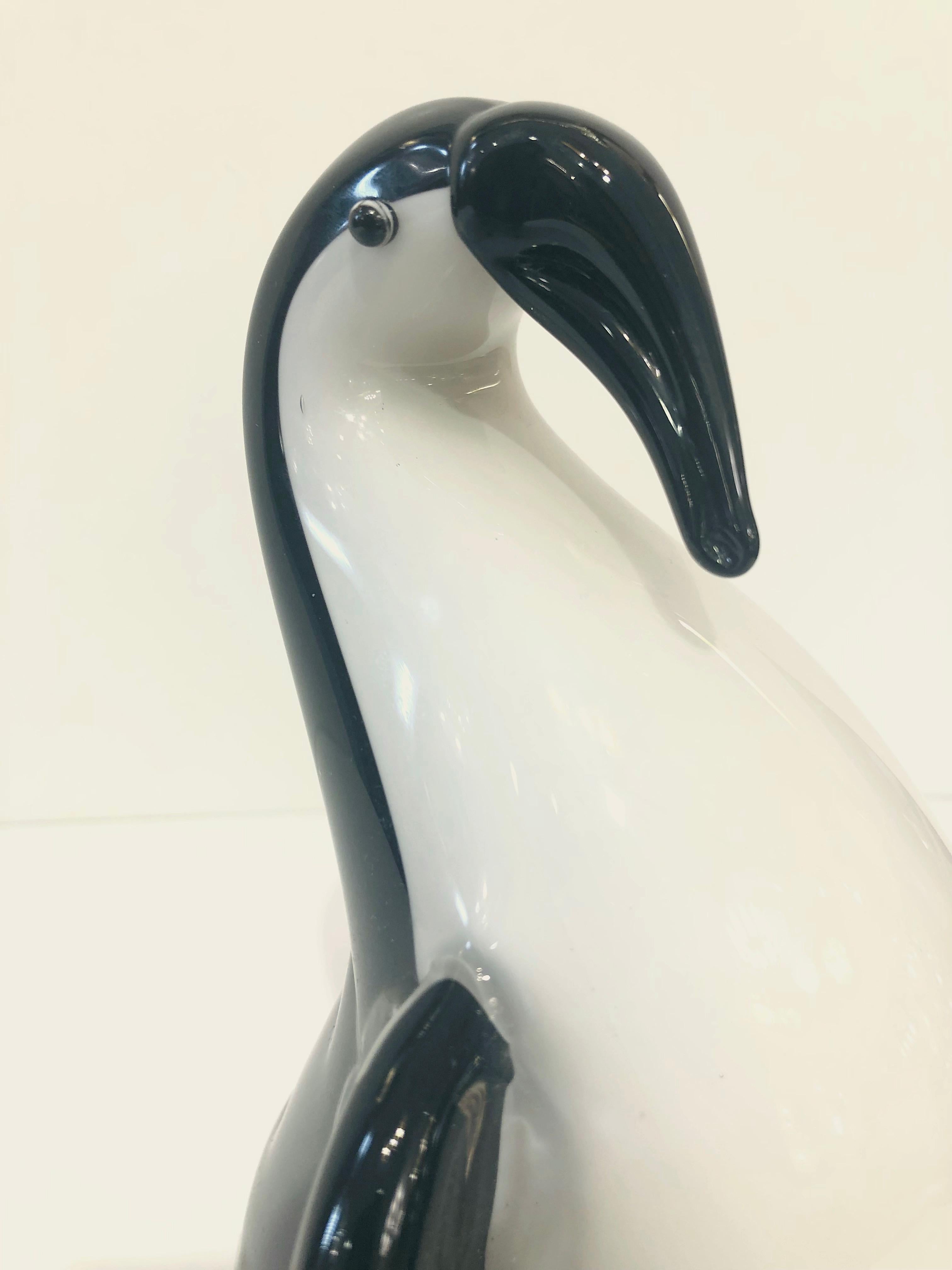 Hand-Crafted Italian Black & White Blown Solid Murano Glass Modern Penguin Sculpture For Sale