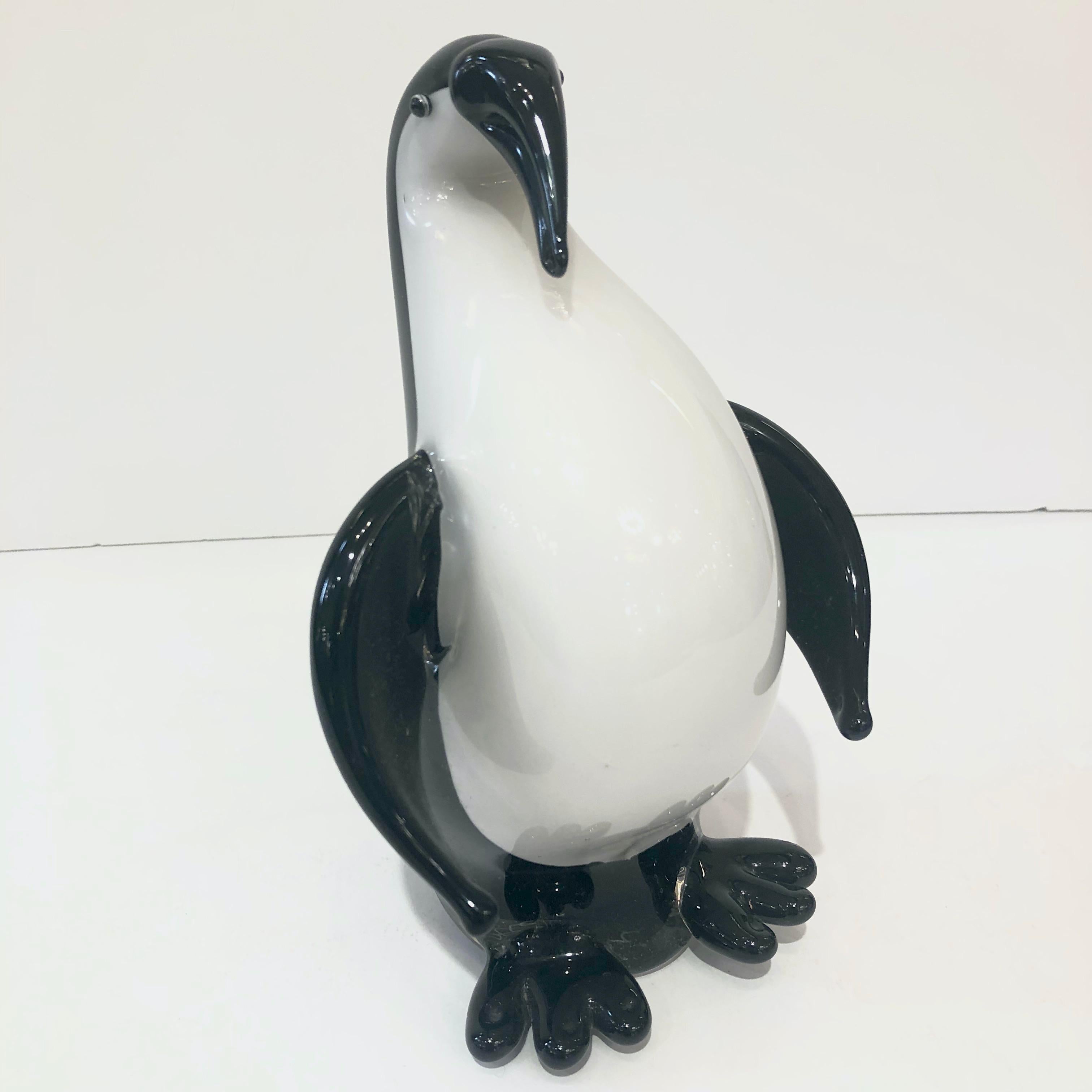 Contemporary Italian Black & White Blown Solid Murano Glass Modern Penguin Sculpture For Sale