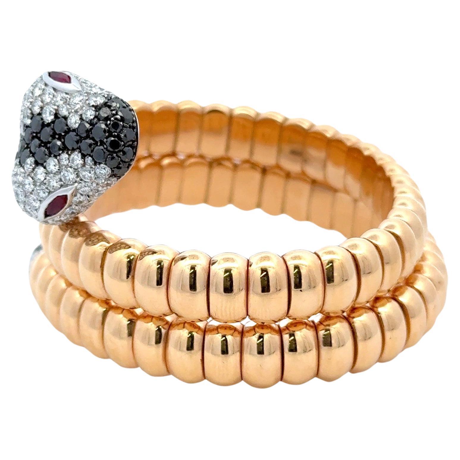 Round Cut Italian Black & White Diamond Snake Bangle Wrap Bracelet 106.1 Grams