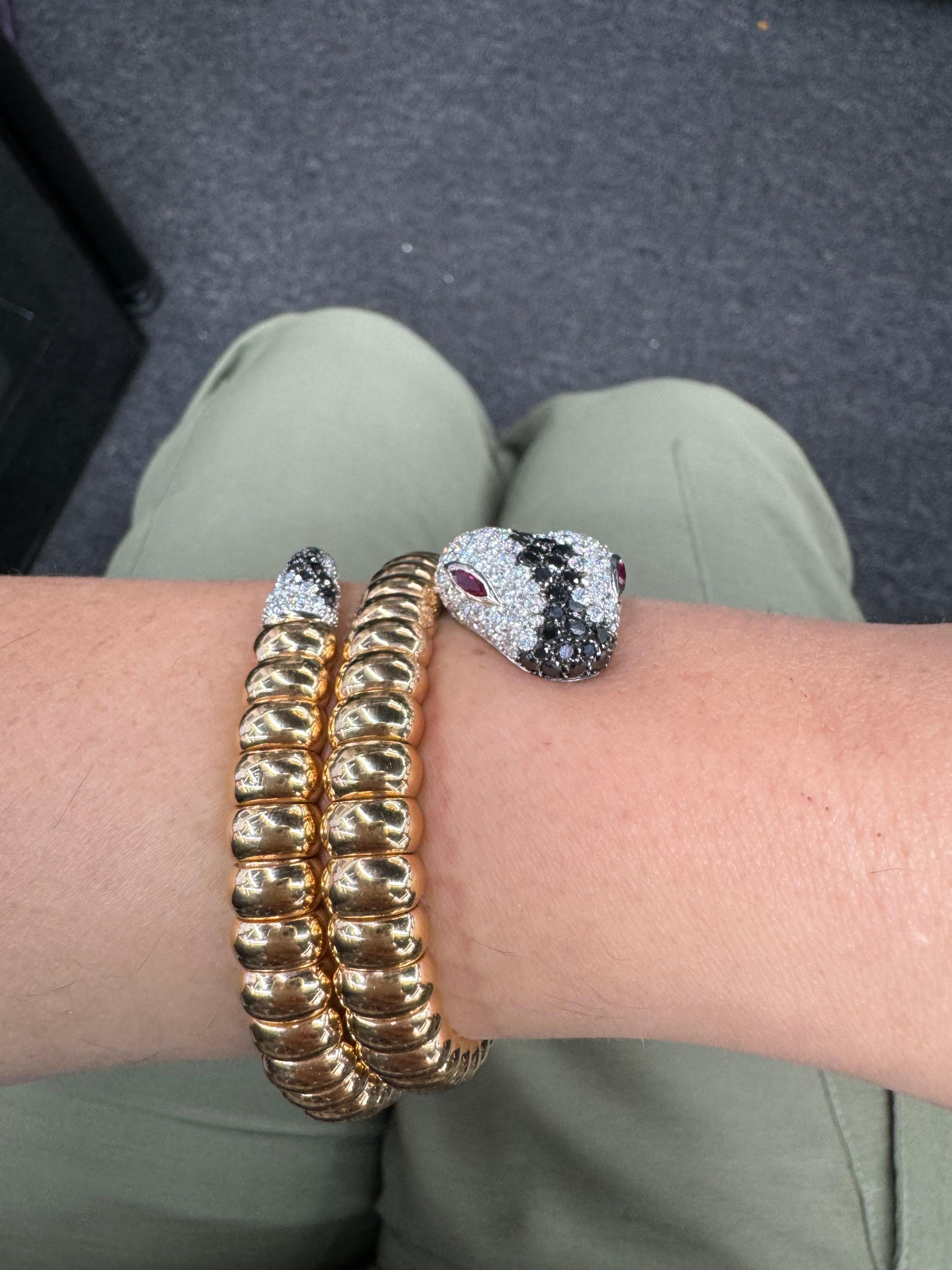 Women's Italian Black & White Diamond Snake Bangle Wrap Bracelet 106.1 Grams
