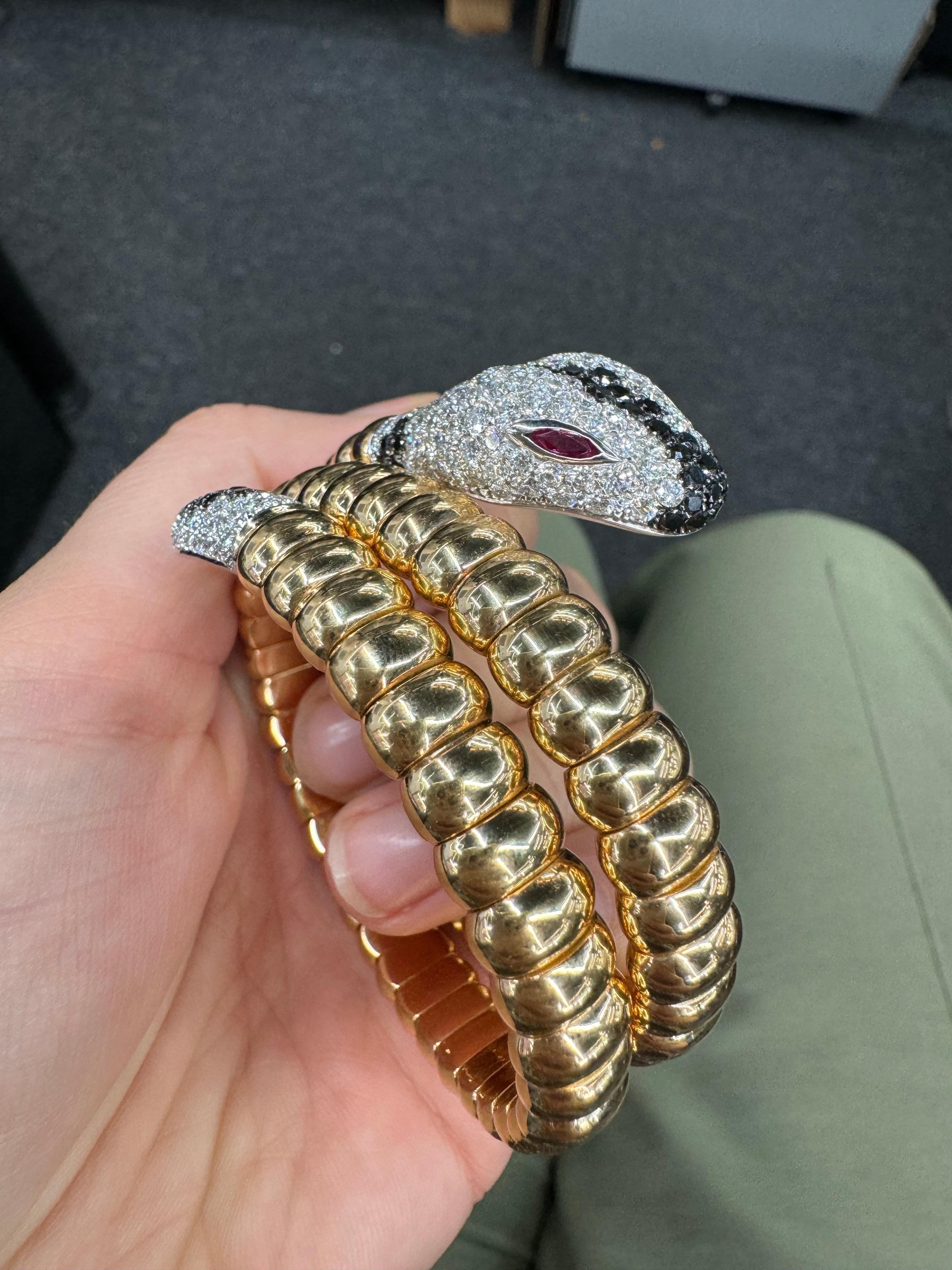 Italian Black & White Diamond Snake Bangle Wrap Bracelet 106.1 Grams 2