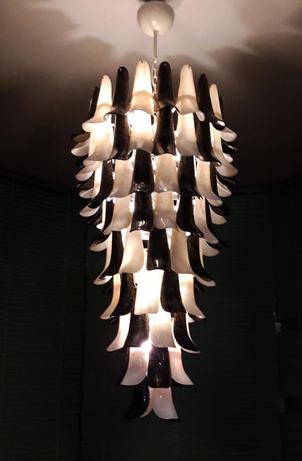 Mid-Century Modern Italian Black White Murano Glass Petals Curved Leaves Tall Modern Chandelier