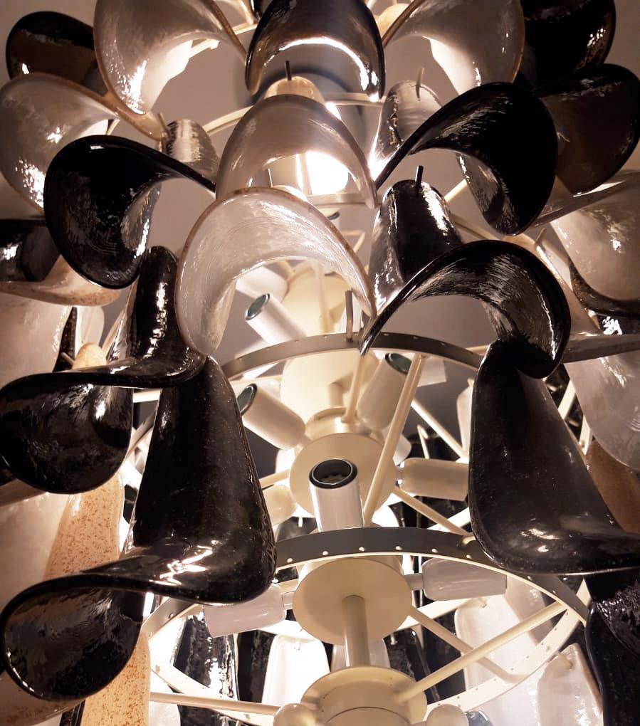 Mid-Century Modern Italian Black White Murano Glass Petals Curved Leaves Tall Modern Chandelier