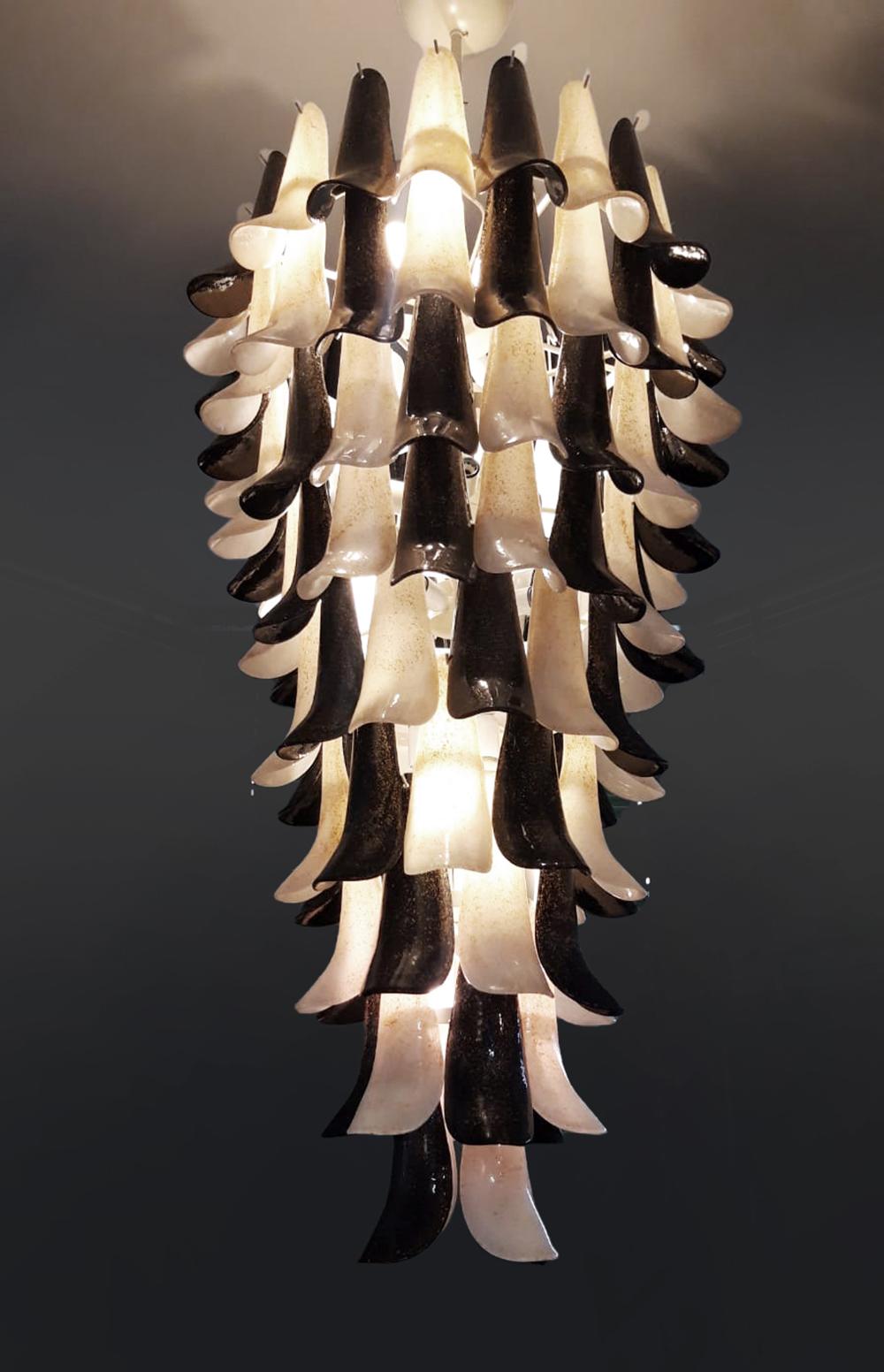 Italian Black White Murano Glass Petals Curved Leaves Tall Modern Chandelier In Excellent Condition In New York, NY