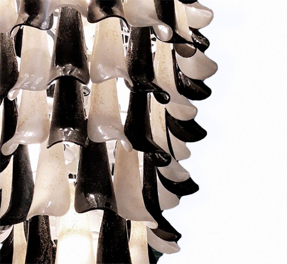 Italian Black White Murano Glass Petals Curved Leaves Tall Modern Chandelier In Excellent Condition In New York, NY