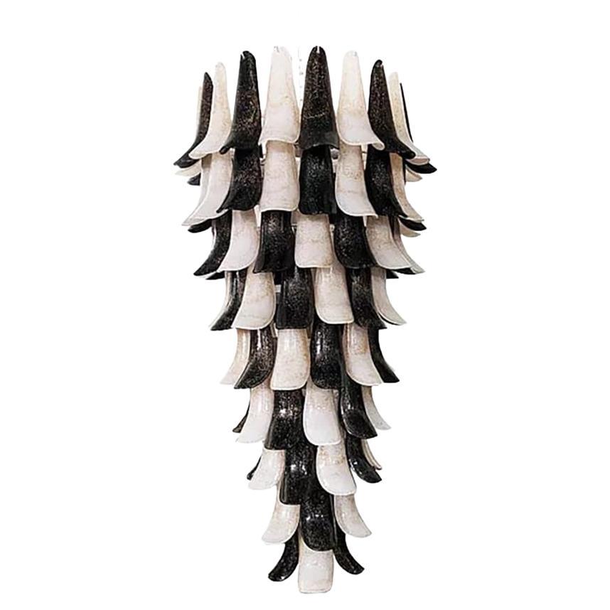 Italian Black White Murano Glass Petals Curved Leaves Tall Modern Chandelier