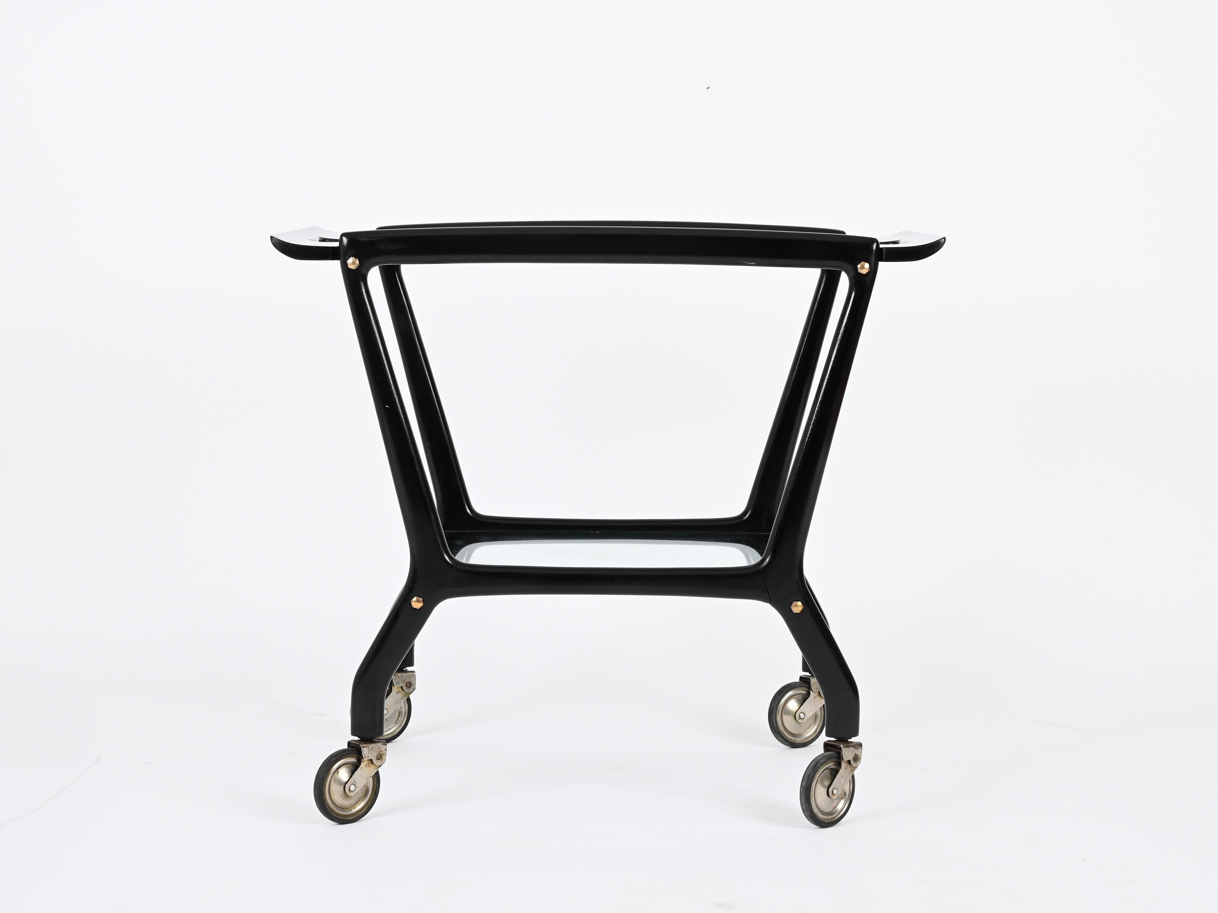 Carrello da bar in legno nero e ottone, Parisi per De Baggis, anni '50 in vendita 2