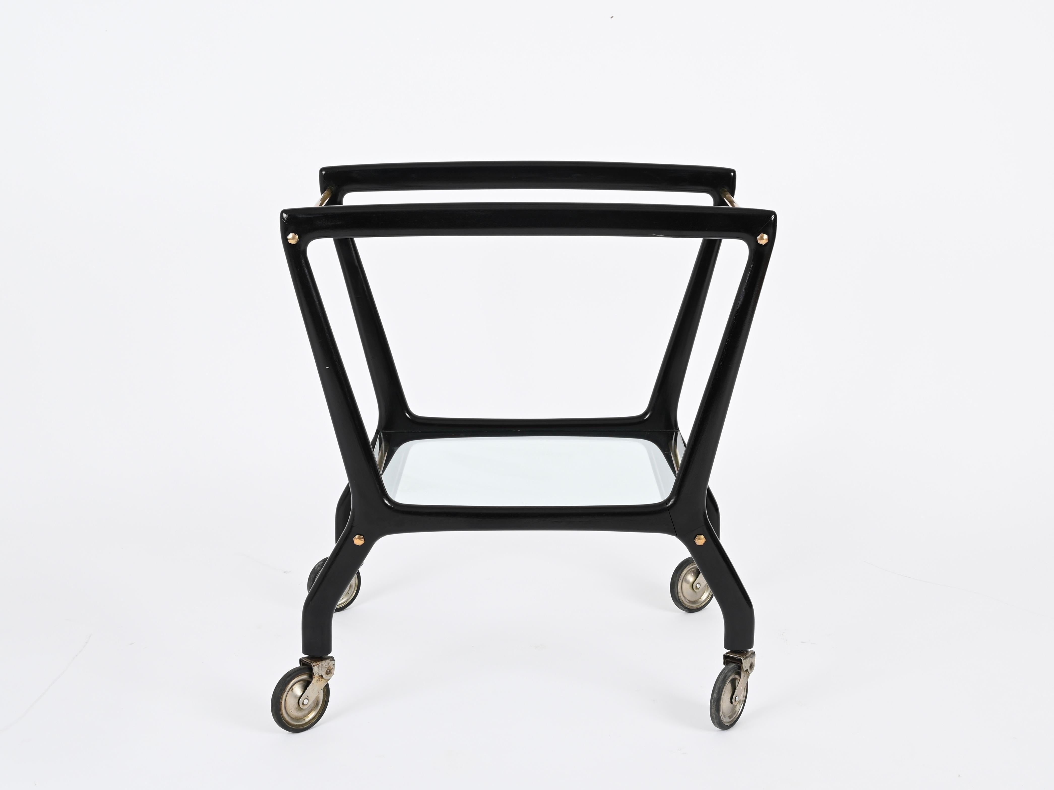Carrello da bar in legno nero e ottone, Parisi per De Baggis, anni '50 in vendita 3