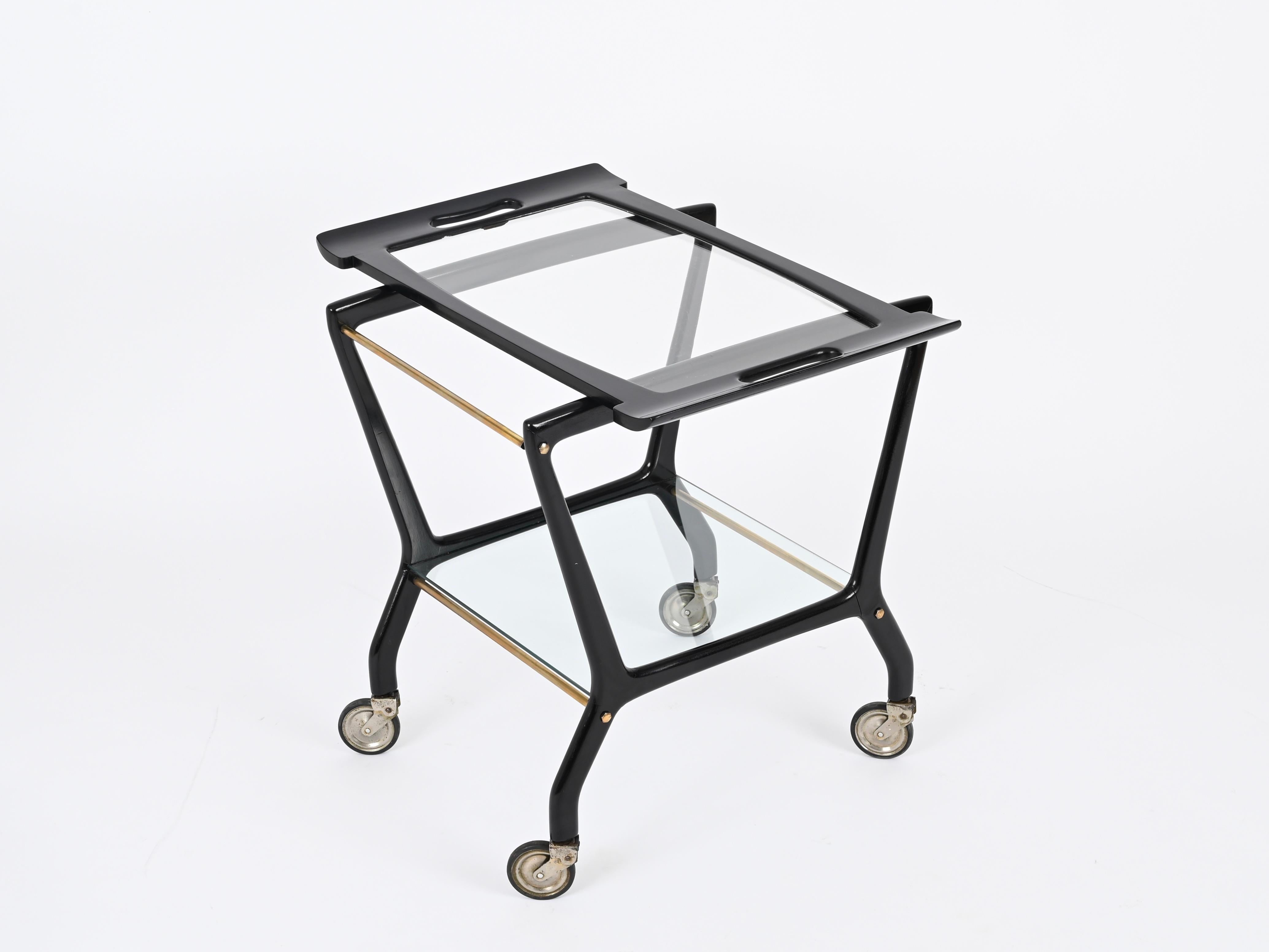 Carrello da bar in legno nero e ottone, Parisi per De Baggis, anni '50 in vendita 5