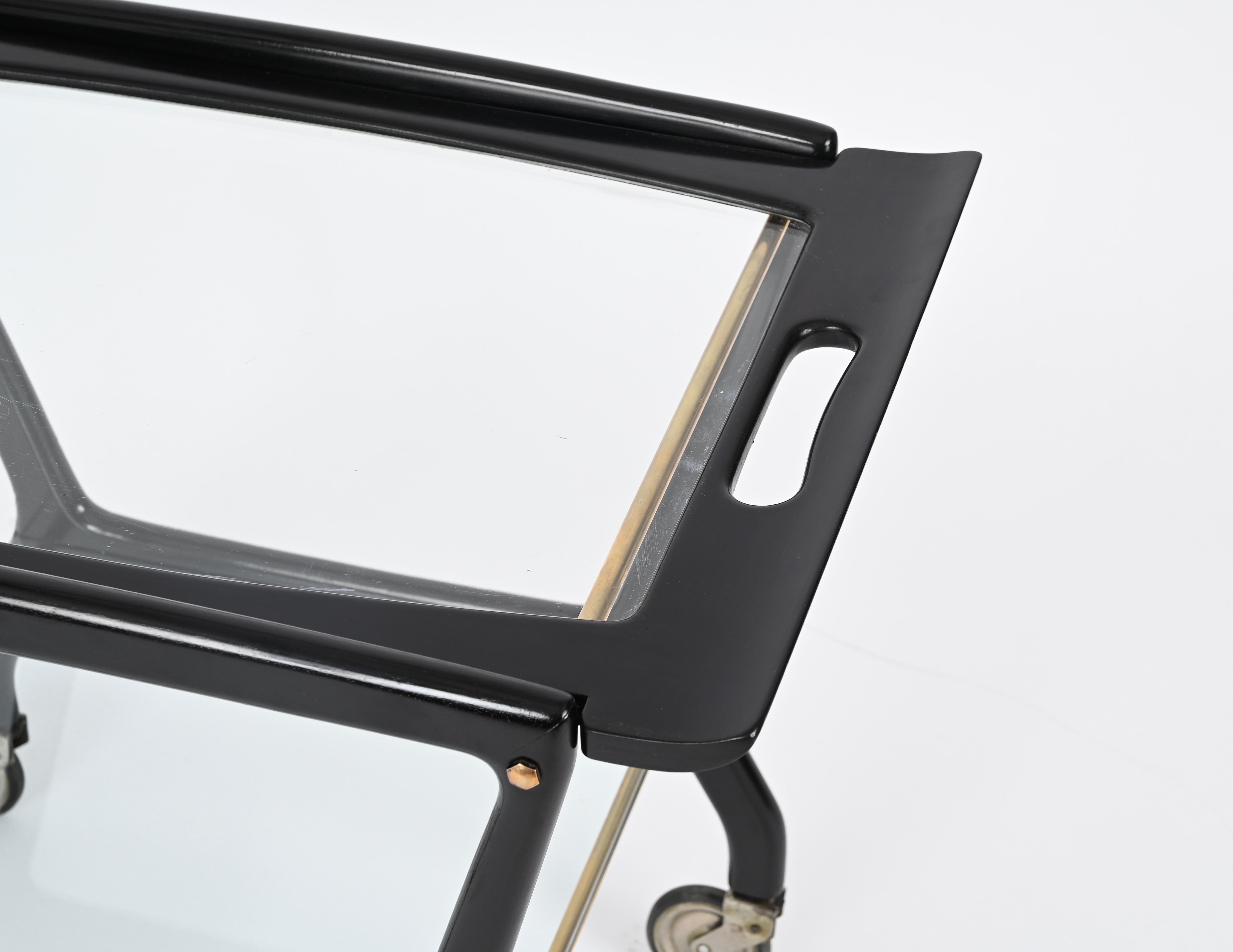 Carrello da bar in legno nero e ottone, Parisi per De Baggis, anni '50 in vendita 6