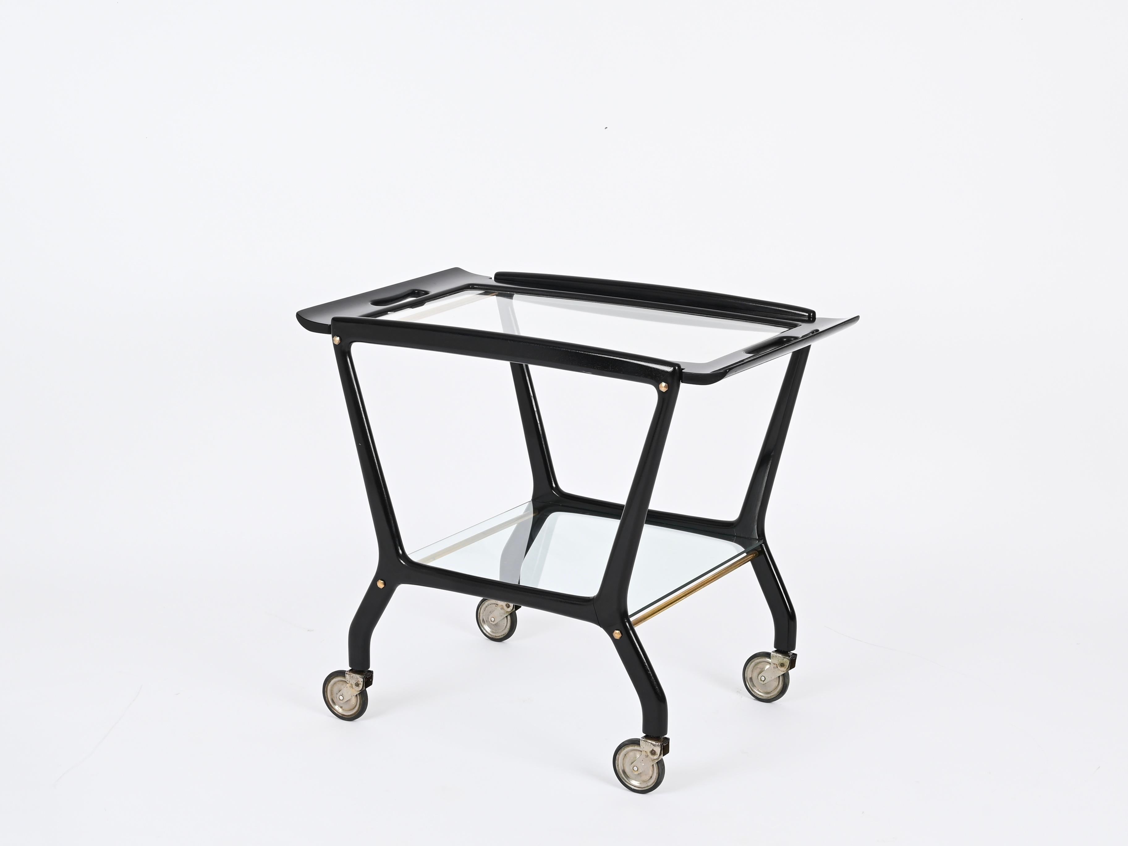 Italiano Carrello da bar in legno nero e ottone, Parisi per De Baggis, anni '50 in vendita