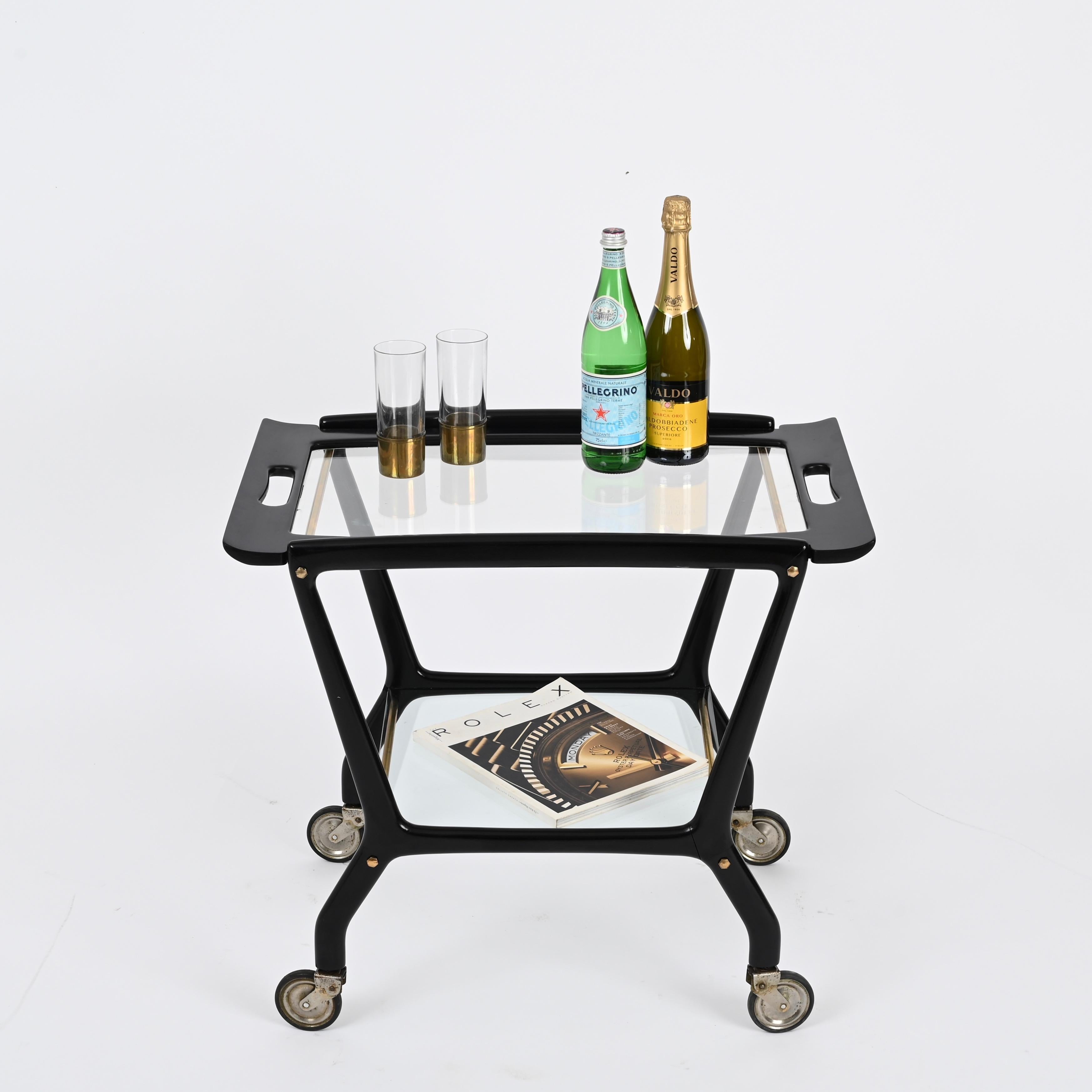Fatto a mano Carrello da bar in legno nero e ottone, Parisi per De Baggis, anni '50 in vendita
