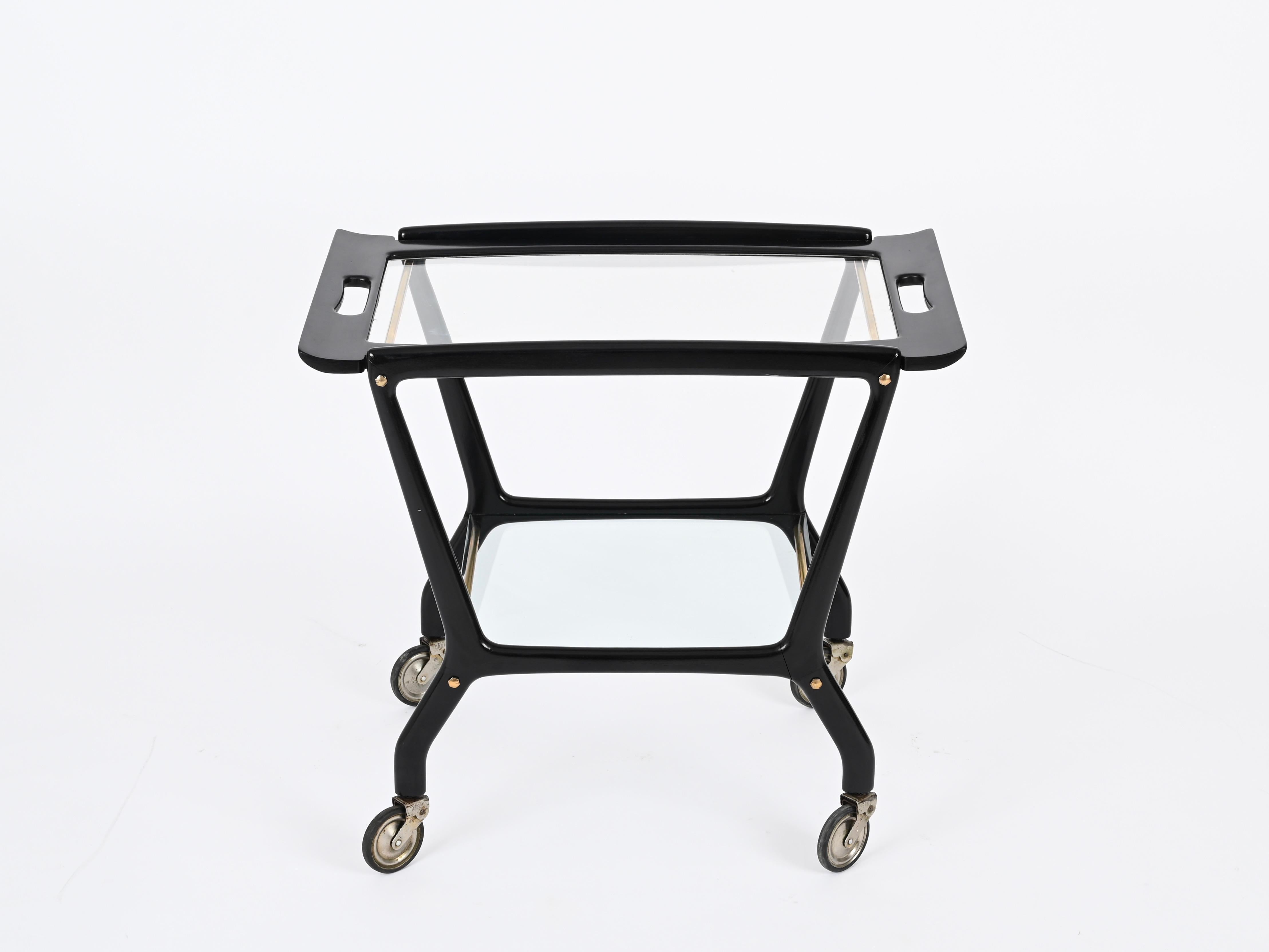 Carrello da bar in legno nero e ottone, Parisi per De Baggis, anni '50 in vendita 1