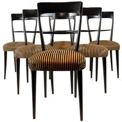 Italian Black Wood  Chairs with Horse Hair Cushion, 1950s