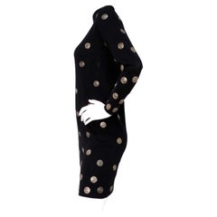 Italian Black Wool Long-Sleeve Dress With Silver-Tone Medallion Buttons