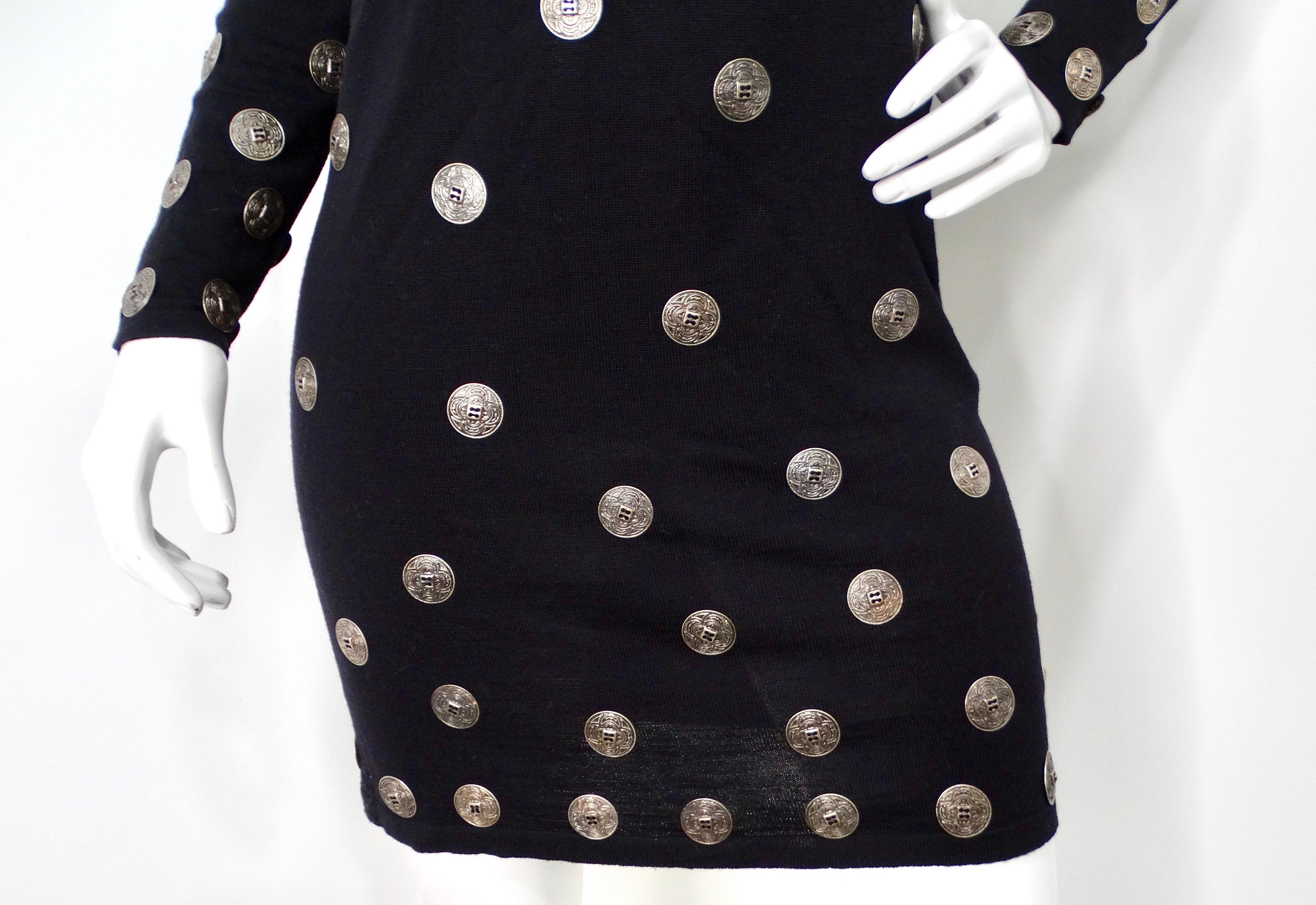 Italian Black Wool Long-Sleeve Dress With Silver-Tone Medallion Buttons In Good Condition For Sale In Scottsdale, AZ
