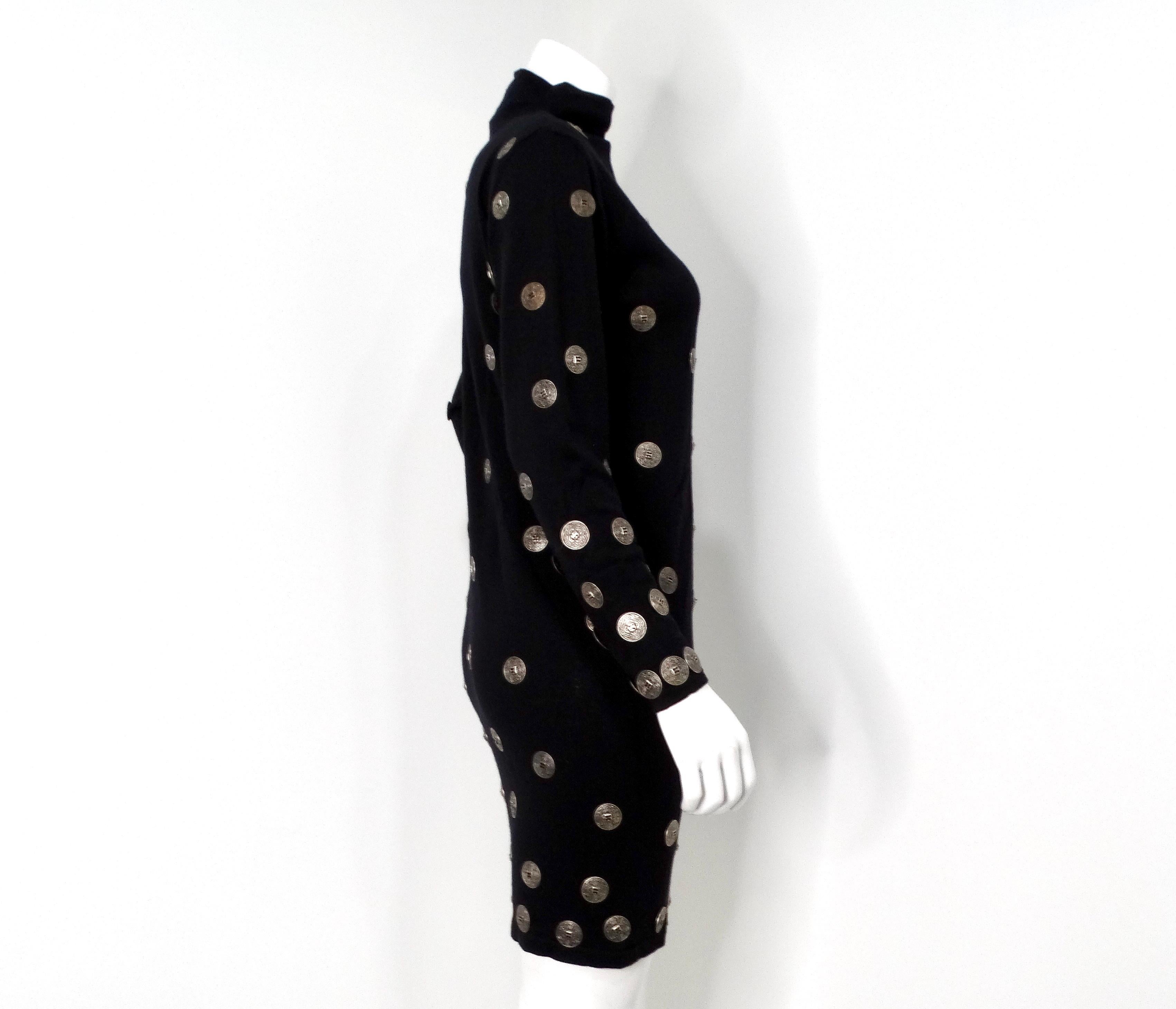 Italian Black Wool Long-Sleeve Dress With Silver-Tone Medallion Buttons For Sale 1