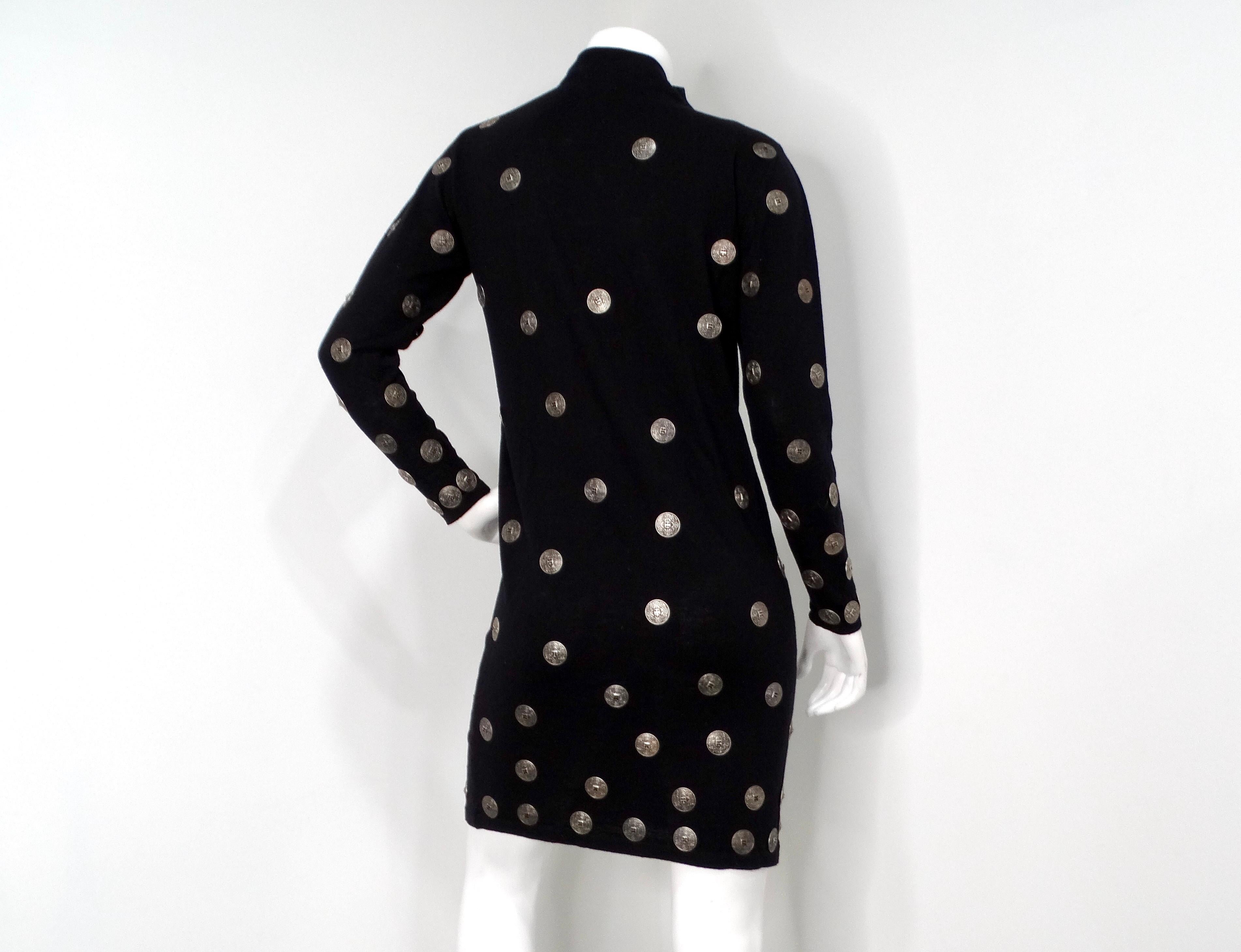 Italian Black Wool Long-Sleeve Dress With Silver-Tone Medallion Buttons For Sale 2