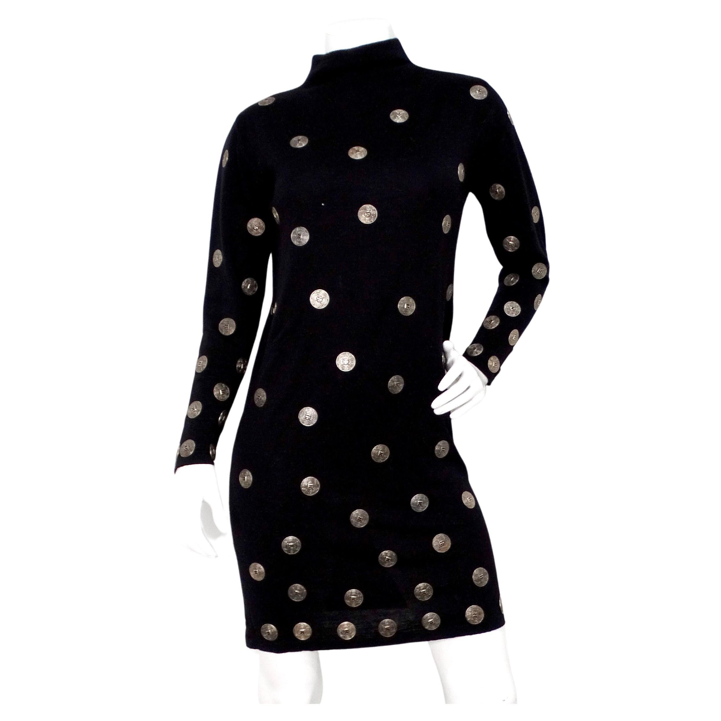 Italian Black Wool Long-Sleeve Dress With Silver-Tone Medallion Buttons For Sale