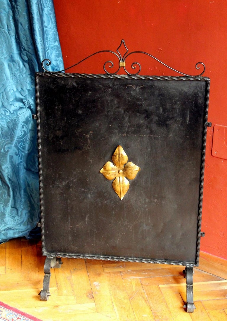 Italian Black Wrought Iron and Parcel-Gilt Freestanding Fire Place Screen For Sale 1