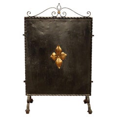 Vintage Italian Black Wrought Iron and Parcel-Gilt Freestanding Fire Place Screen