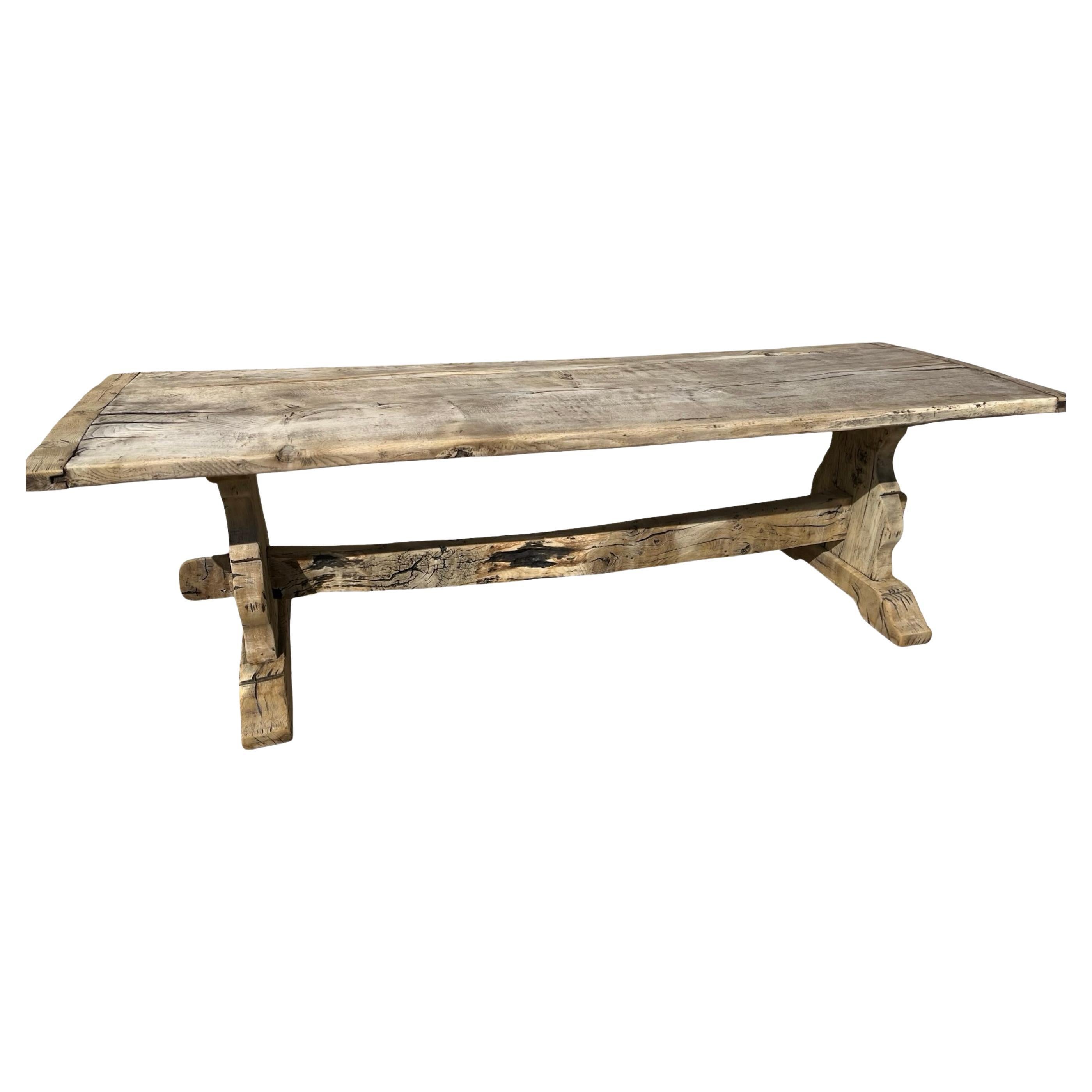 Table de salle à manger / table à tréteaux italienne en chêne blanchi et châtaignier, années 1800