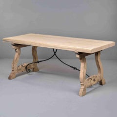 Italian Bleached Oak Trestle Table with Wrought Iron Stretcher