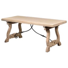 Italian Bleached Oak Trestle Table with Wrought Iron Stretcher