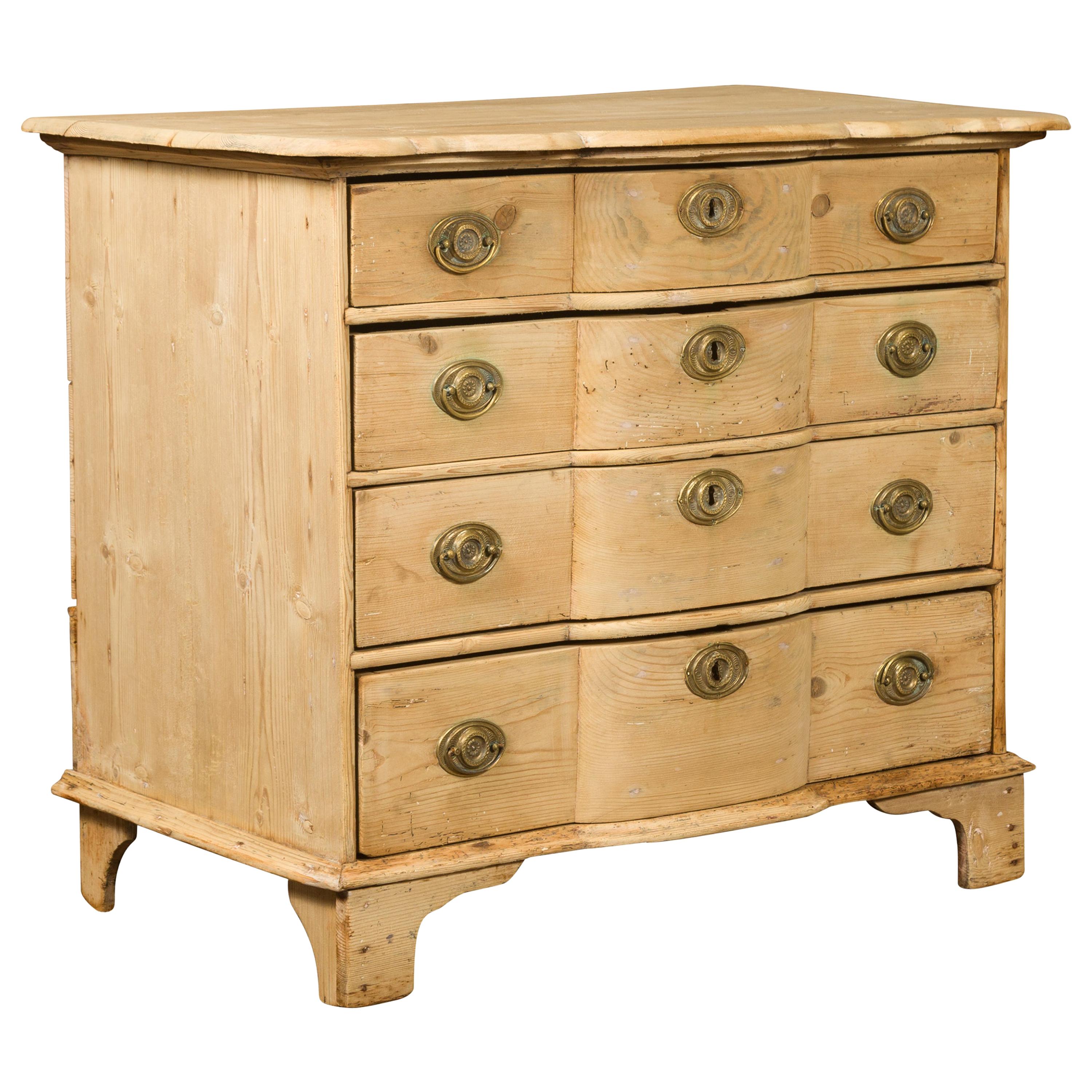 Italian Bleached Pine Late 18th Century Four-Drawer Chest with Serpentine Front