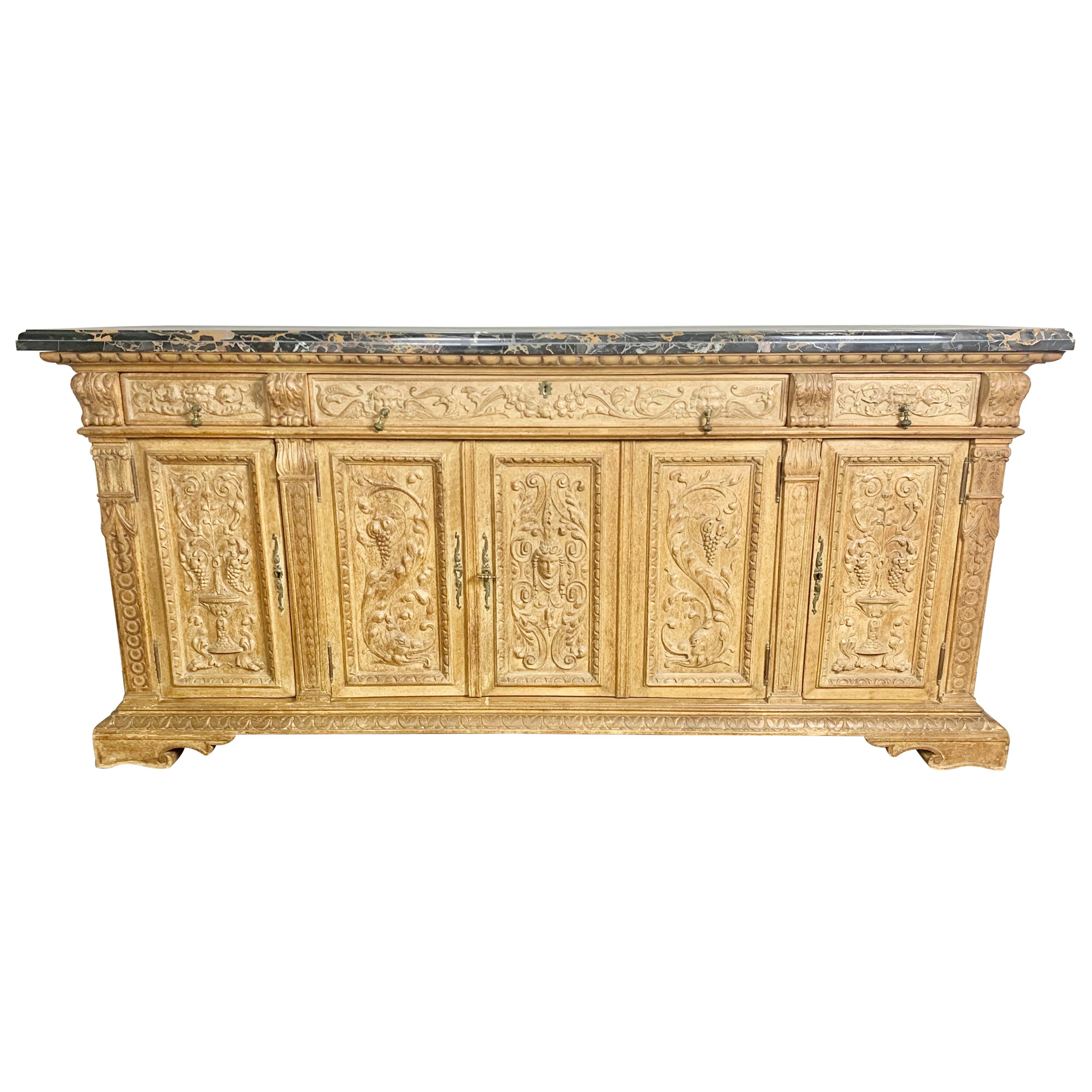 Italian Bleached Walnut Credenza with Marble Top, circa 1900