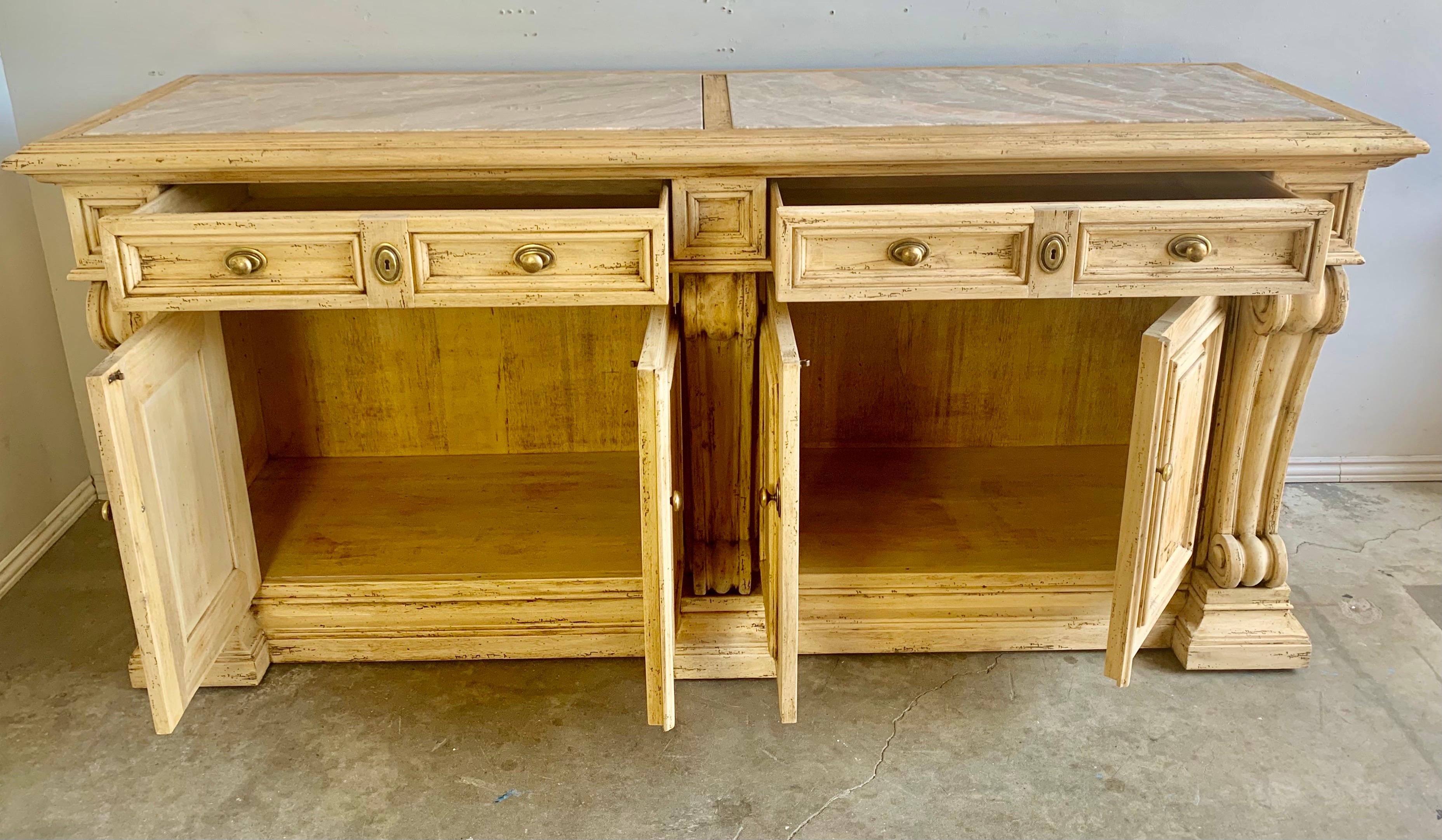 Italian Bleached Walnut Sideboard w/ Storage and Marble Top For Sale 1