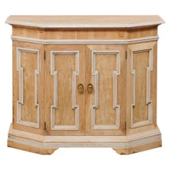 Vintage Italian Bleached Wood Console Cabinet with Blue/Gray Trim, Cute Petite Size