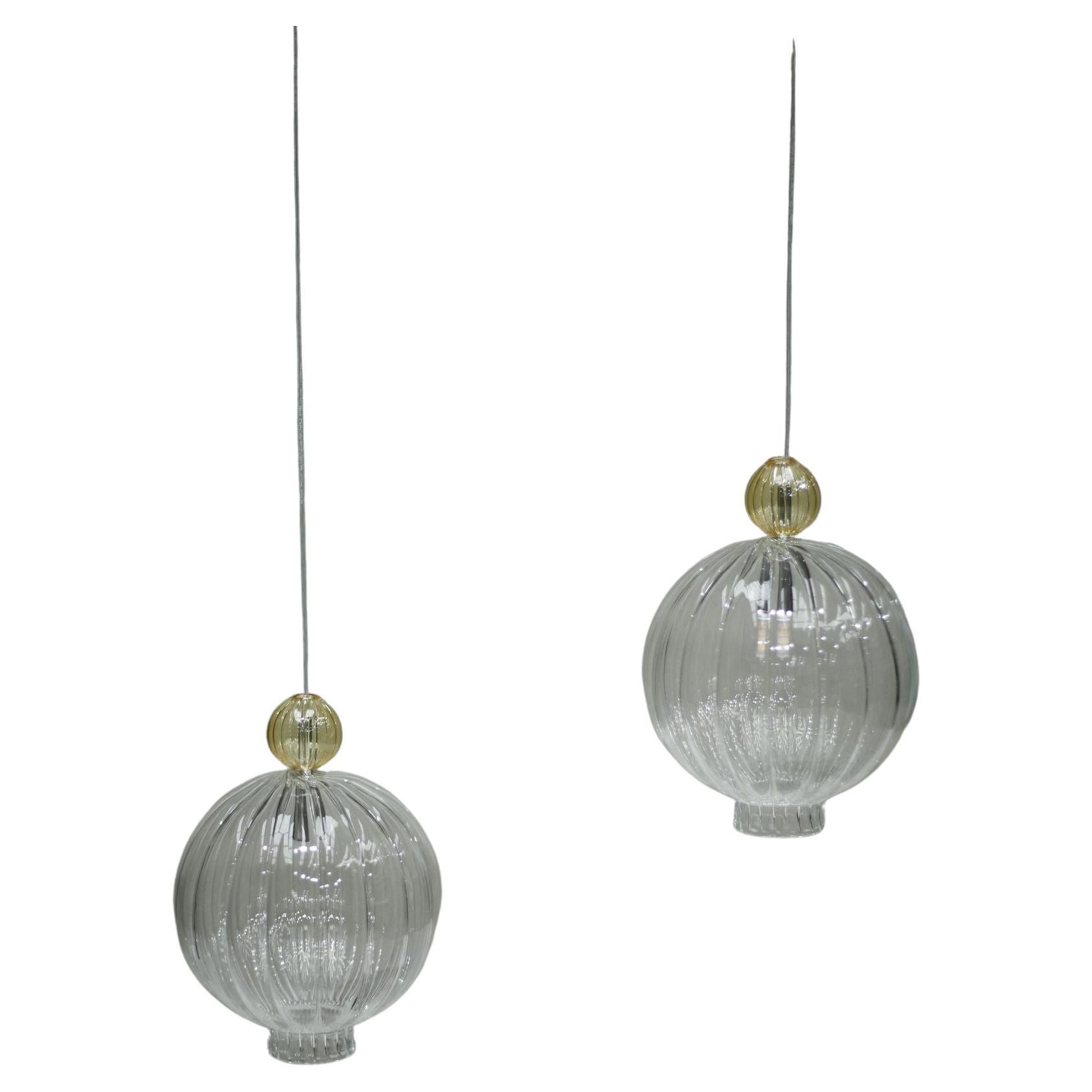 Pair of Italian Hand Blown Amber Glass Pendant Lights at 1stDibs
